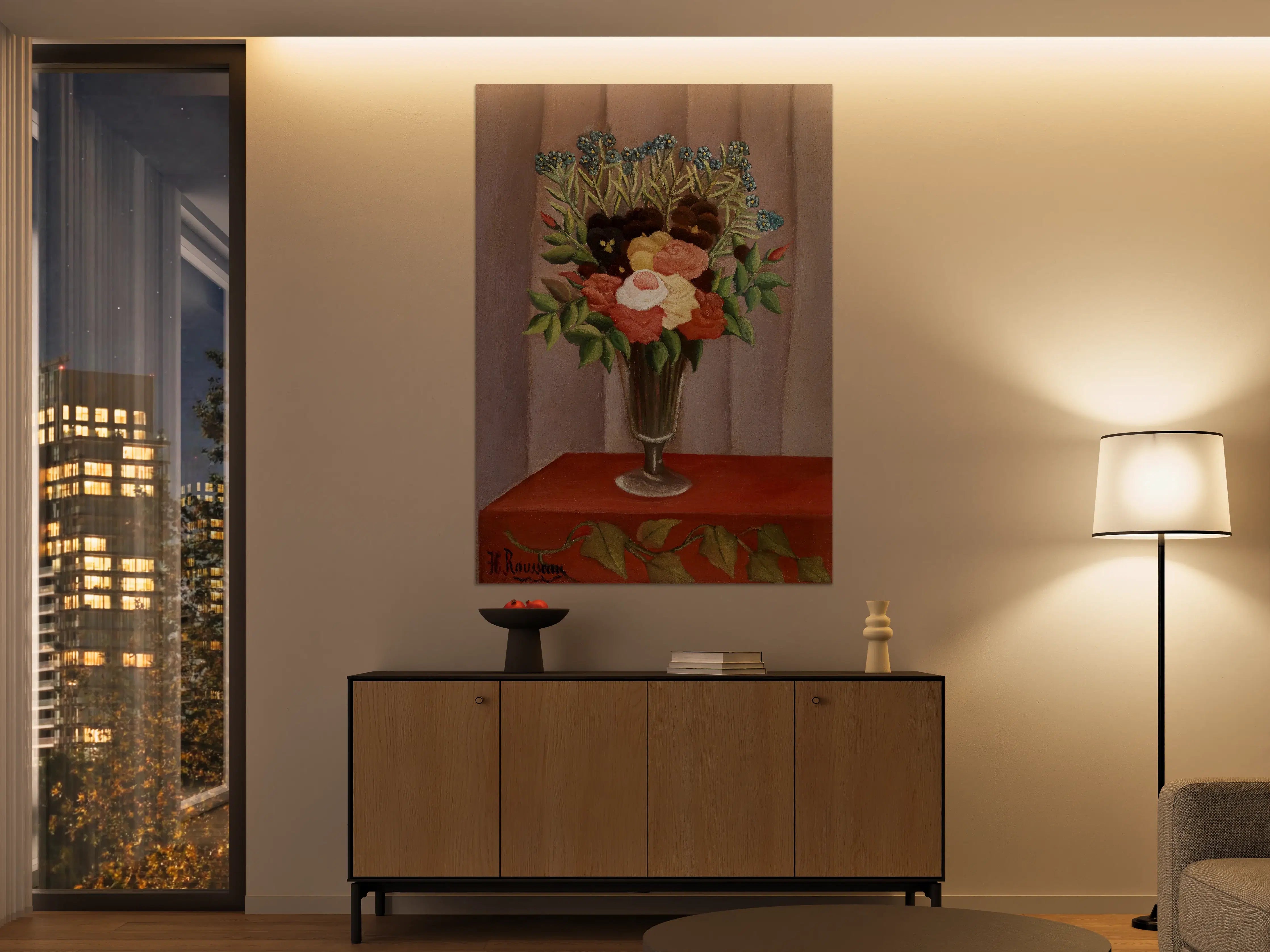 Große Wandbilder - Blumenstrauß in Vase vor Holzwand