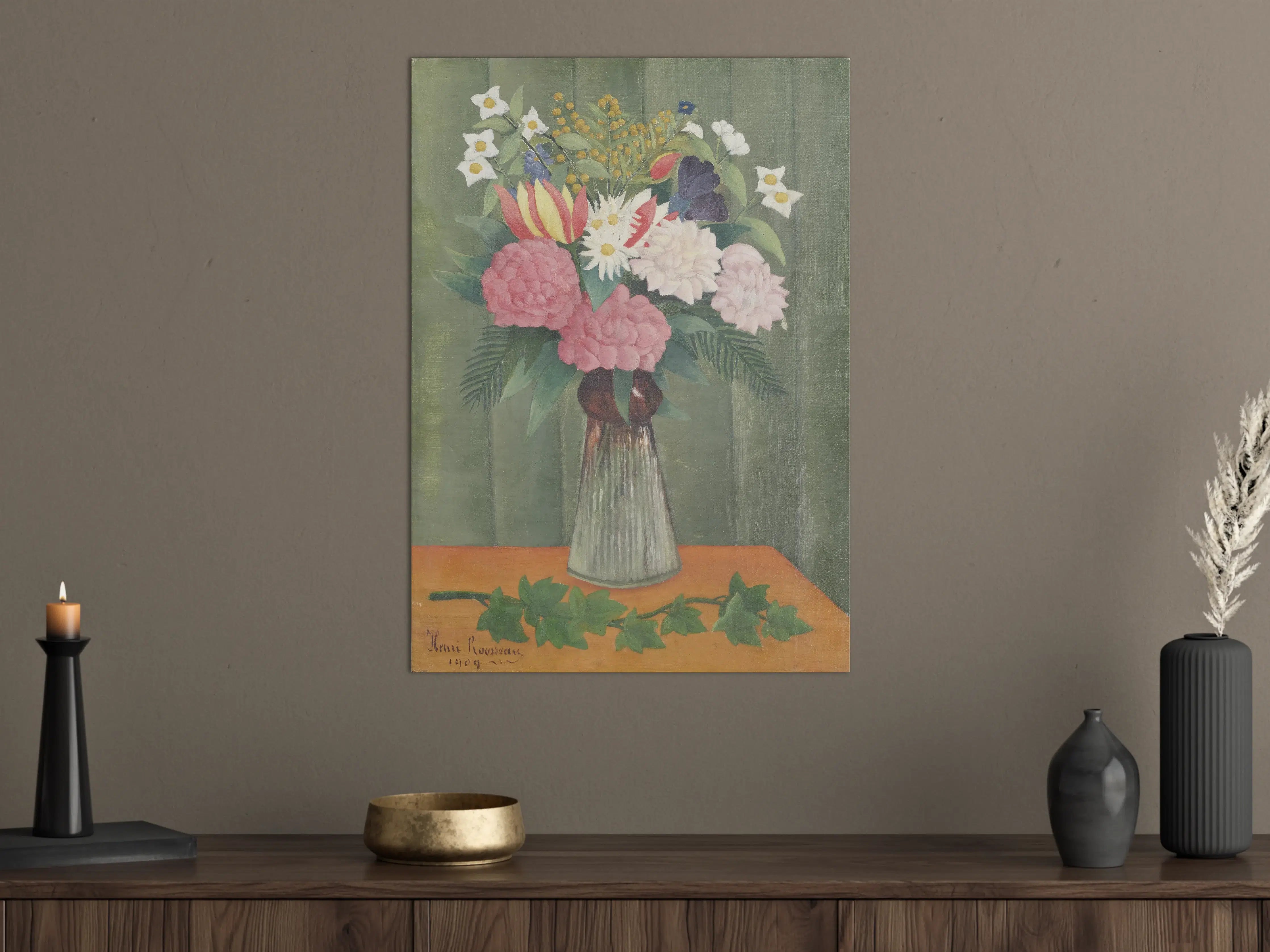 Große Wandbilder - Blumenstrauß in Vase vor grünem Hintergrund