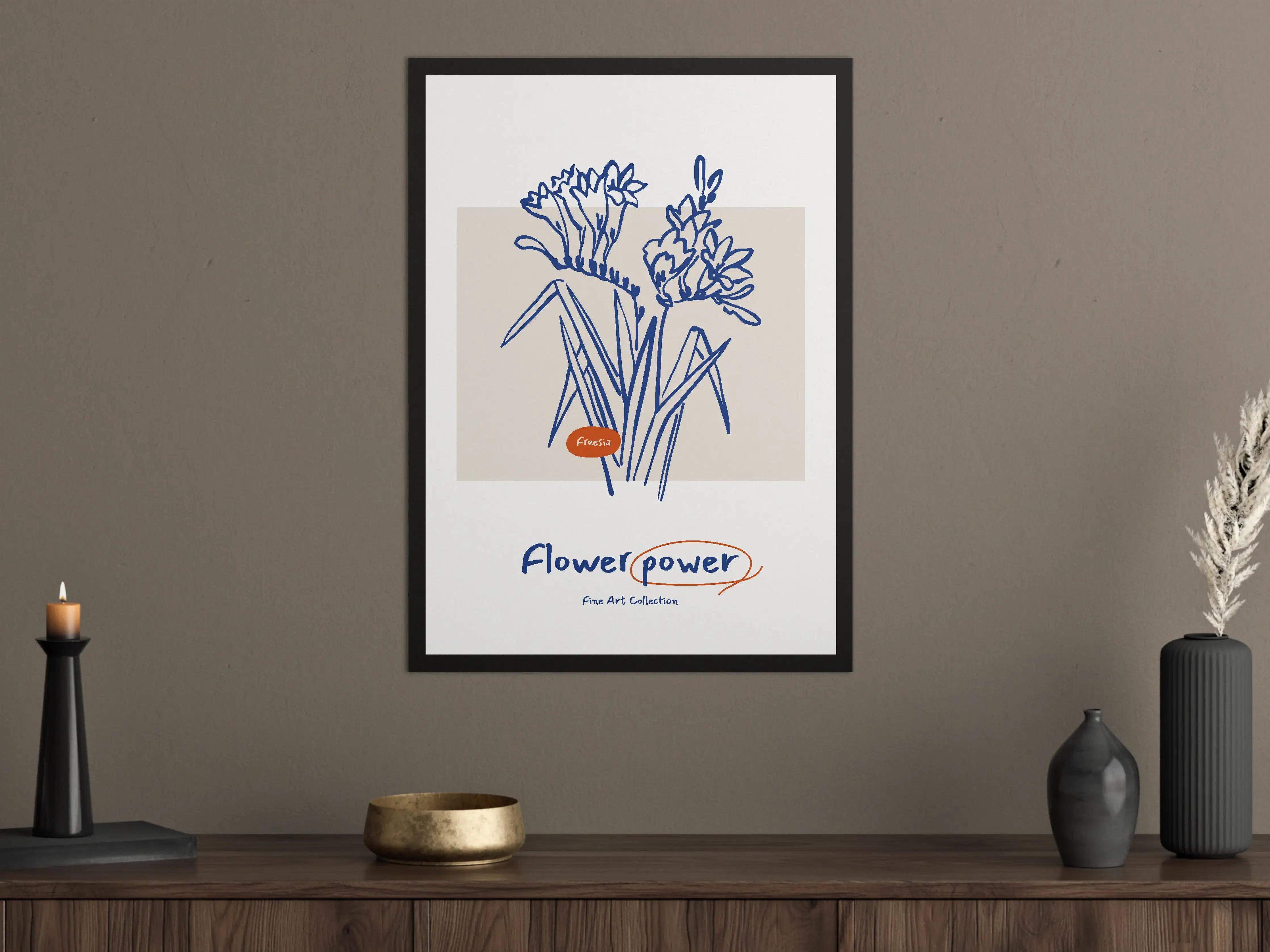Große Wandbilder - Blumenzeichnung in Blau und Beige