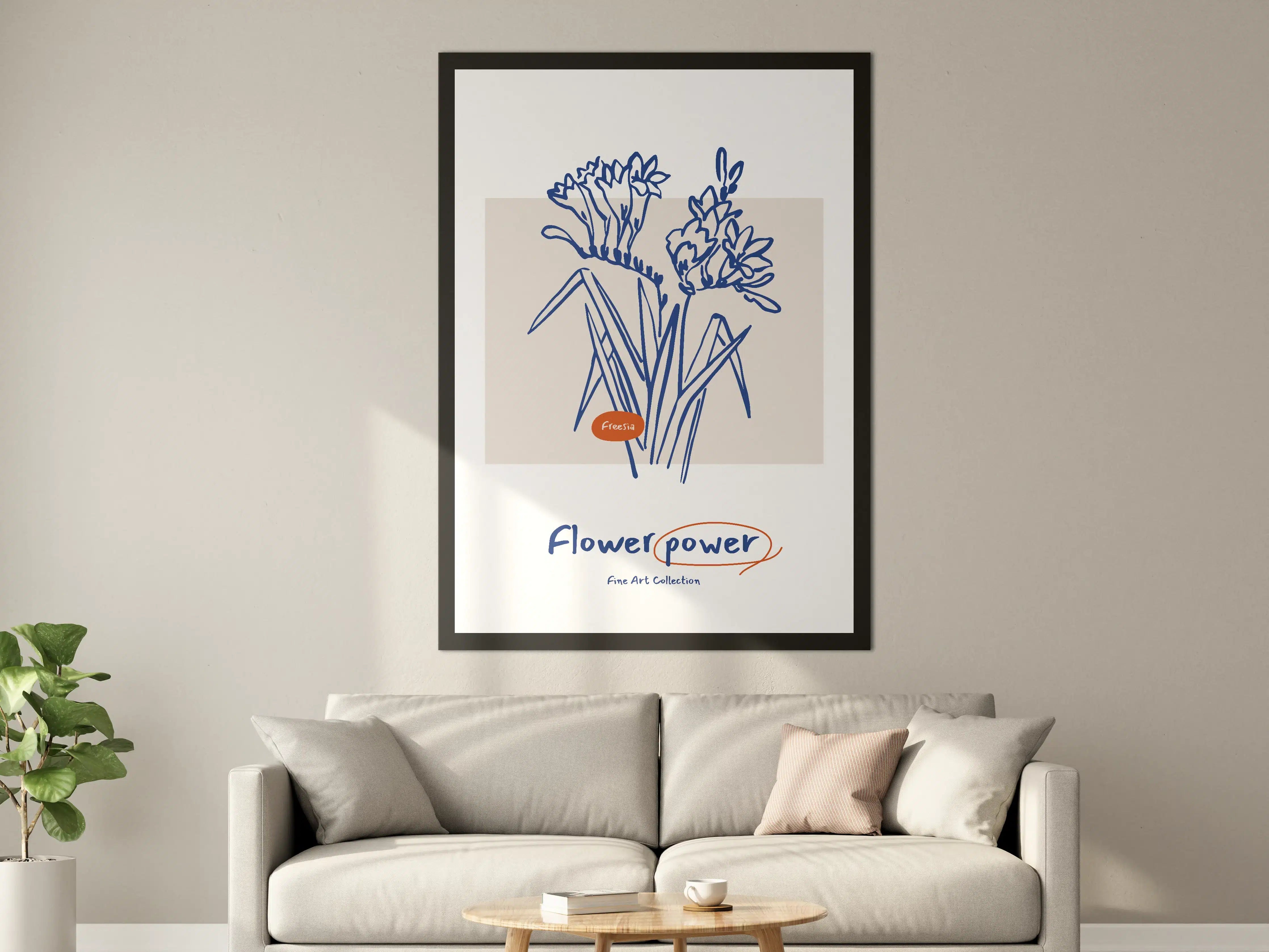 Große Wandbilder - Blumenzeichnung in Blau und Beige