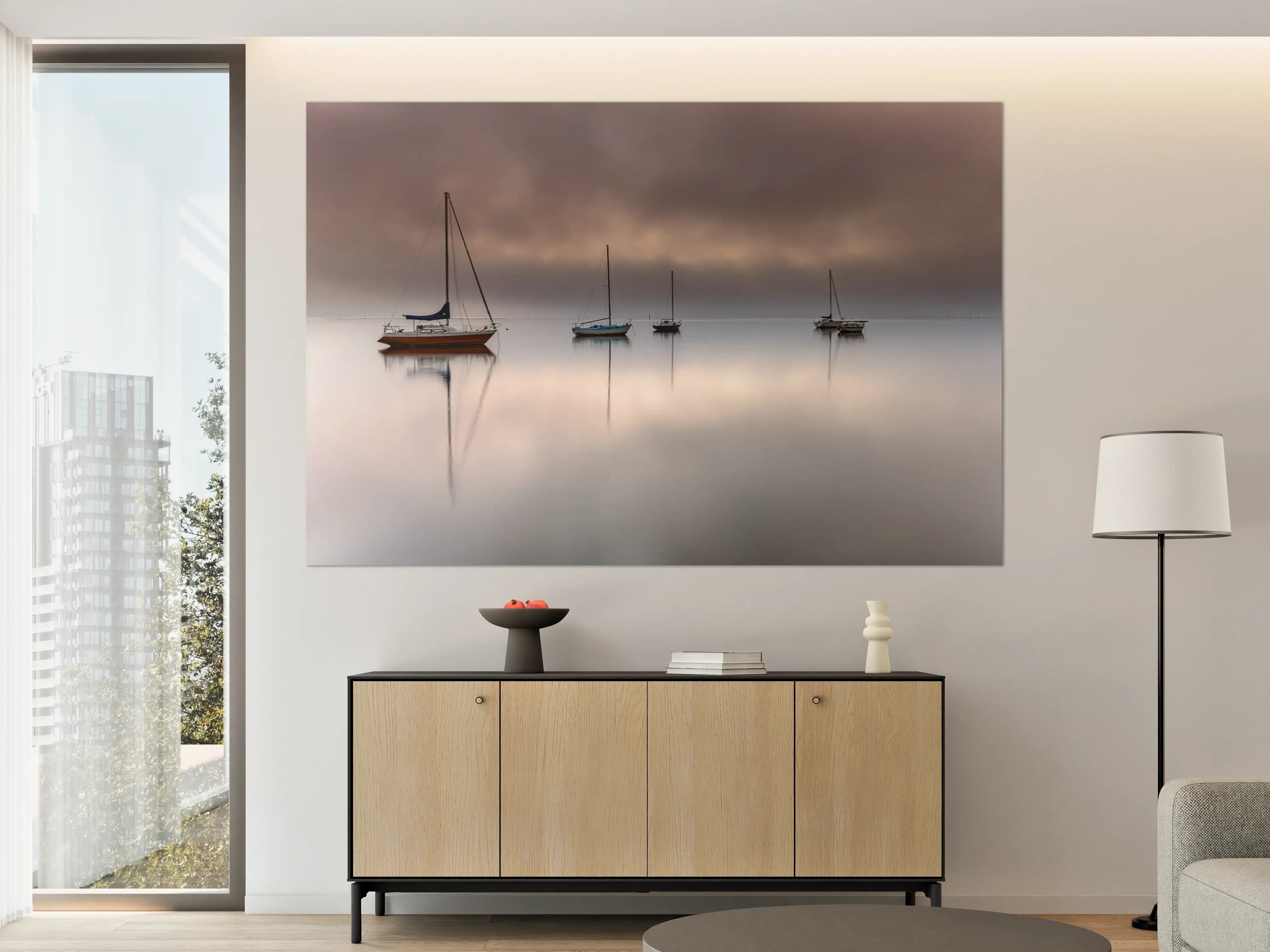 Große Wandbilder - Boote auf nebeligem Meer