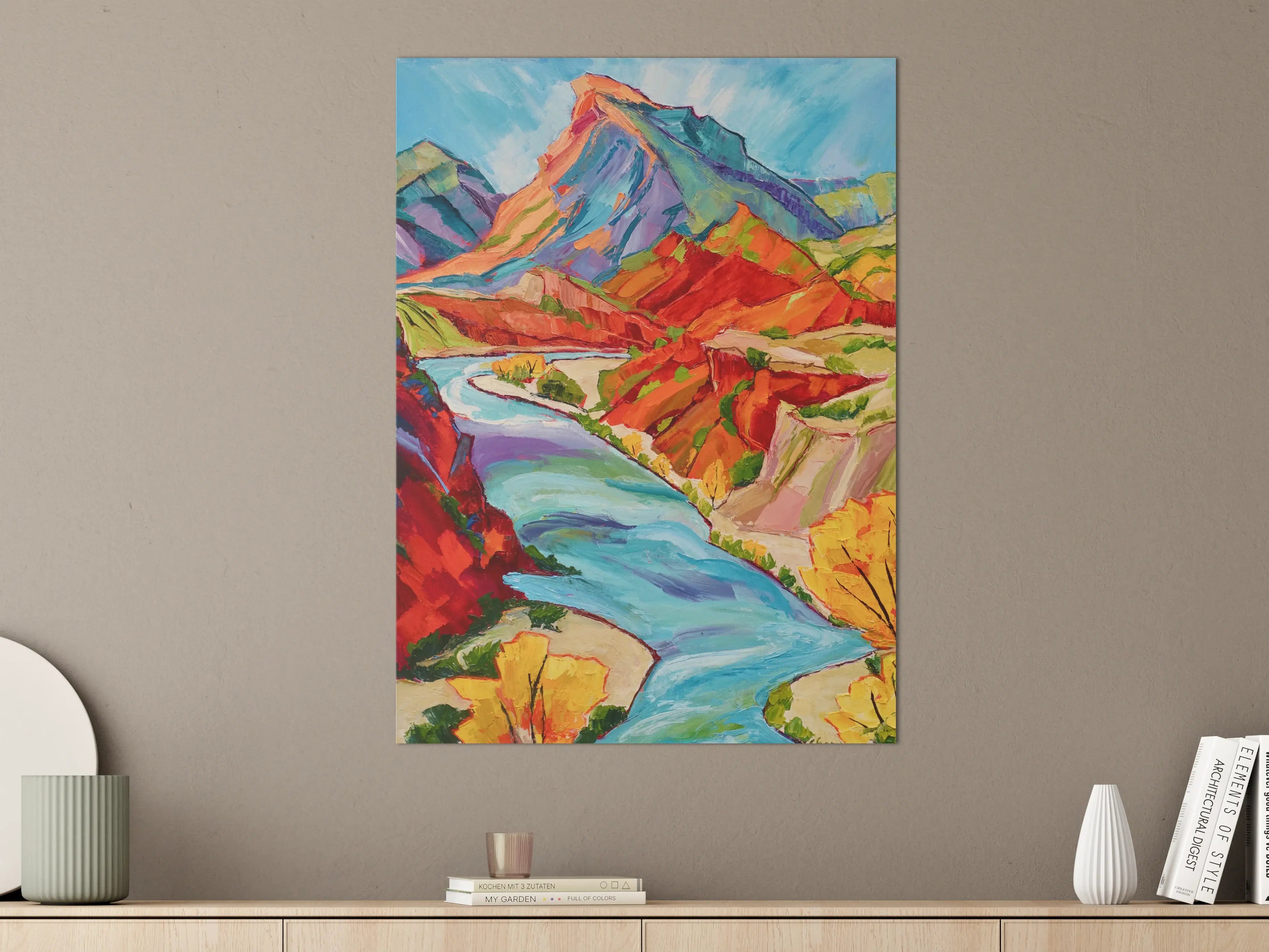 Große Wandbilder - Bunte Berglandschaft mit Fluss