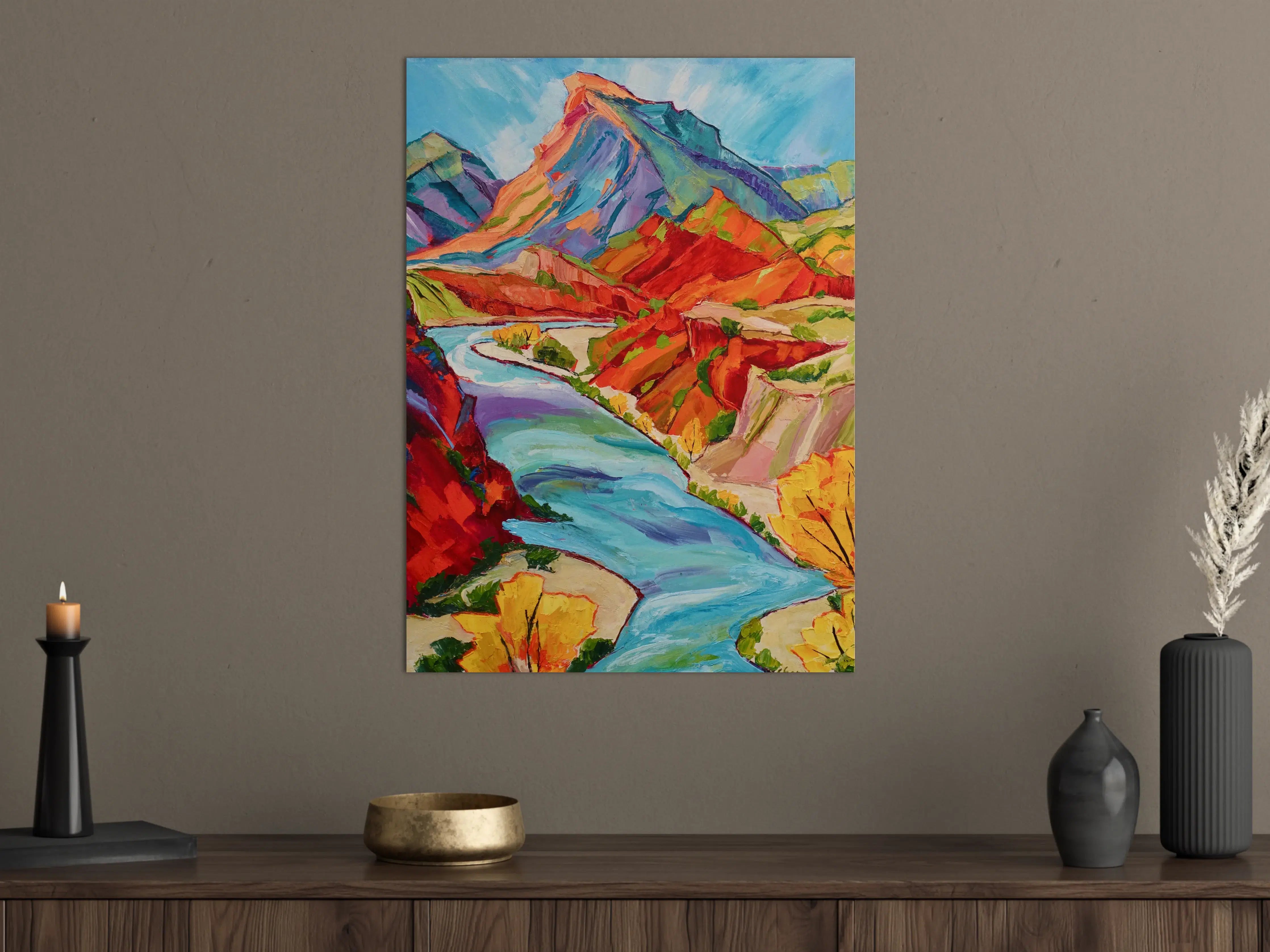Große Wandbilder - Bunte Berglandschaft mit Fluss