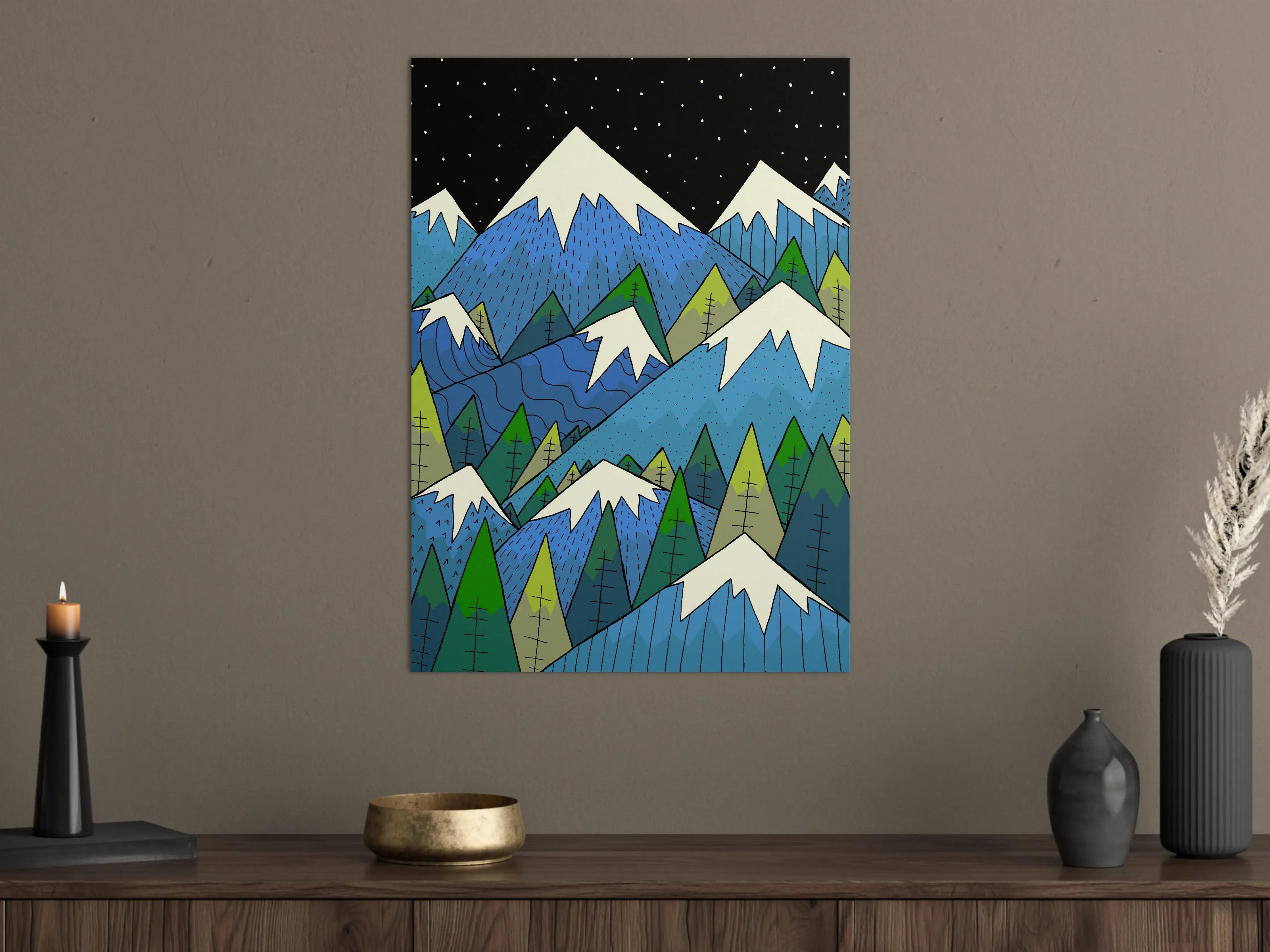 Große Wandbilder - Bunte Berglandschaft mit Schneegipfeln