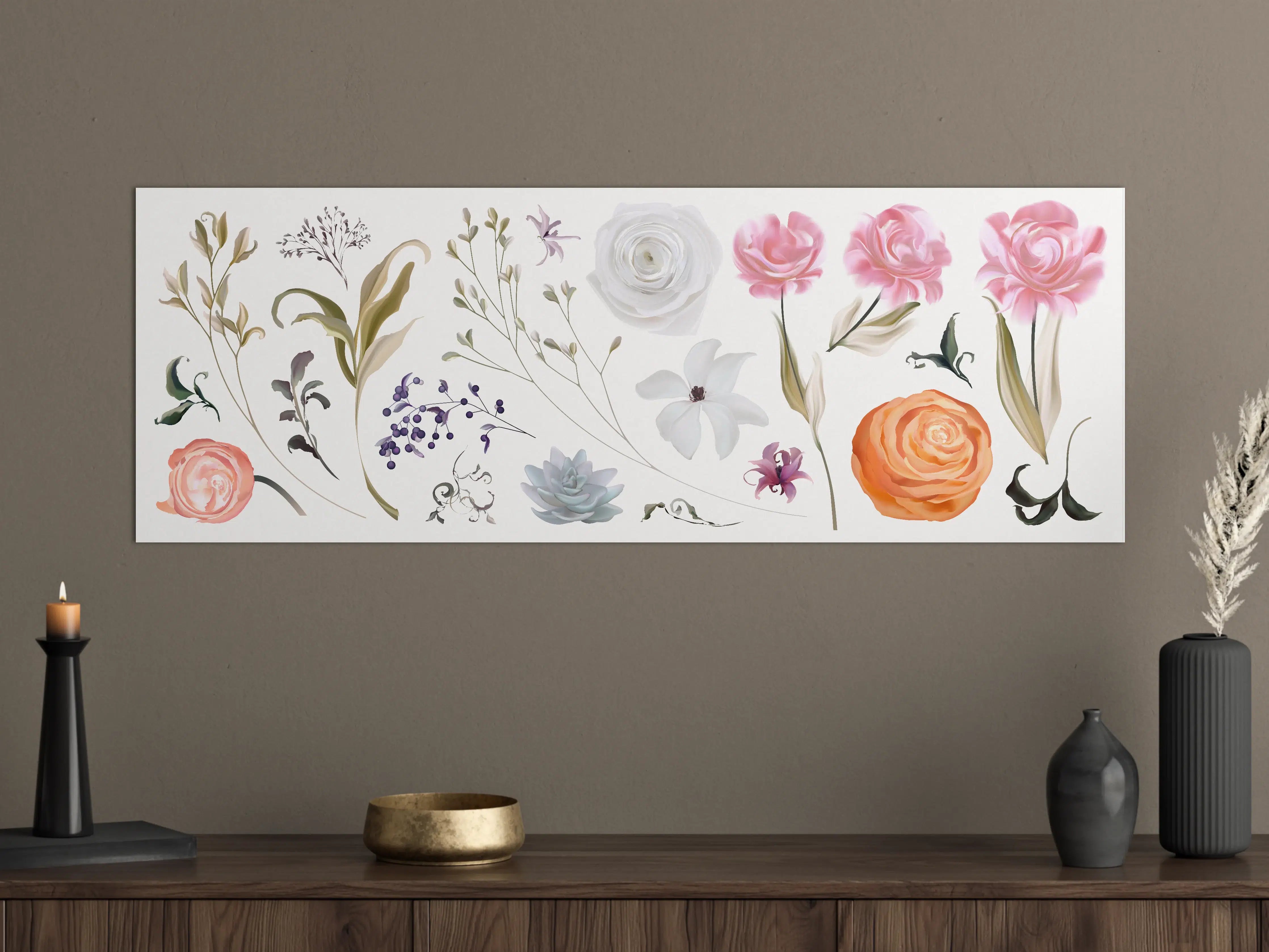 Große Wandbilder - Bunte Blumenillustrationen Set