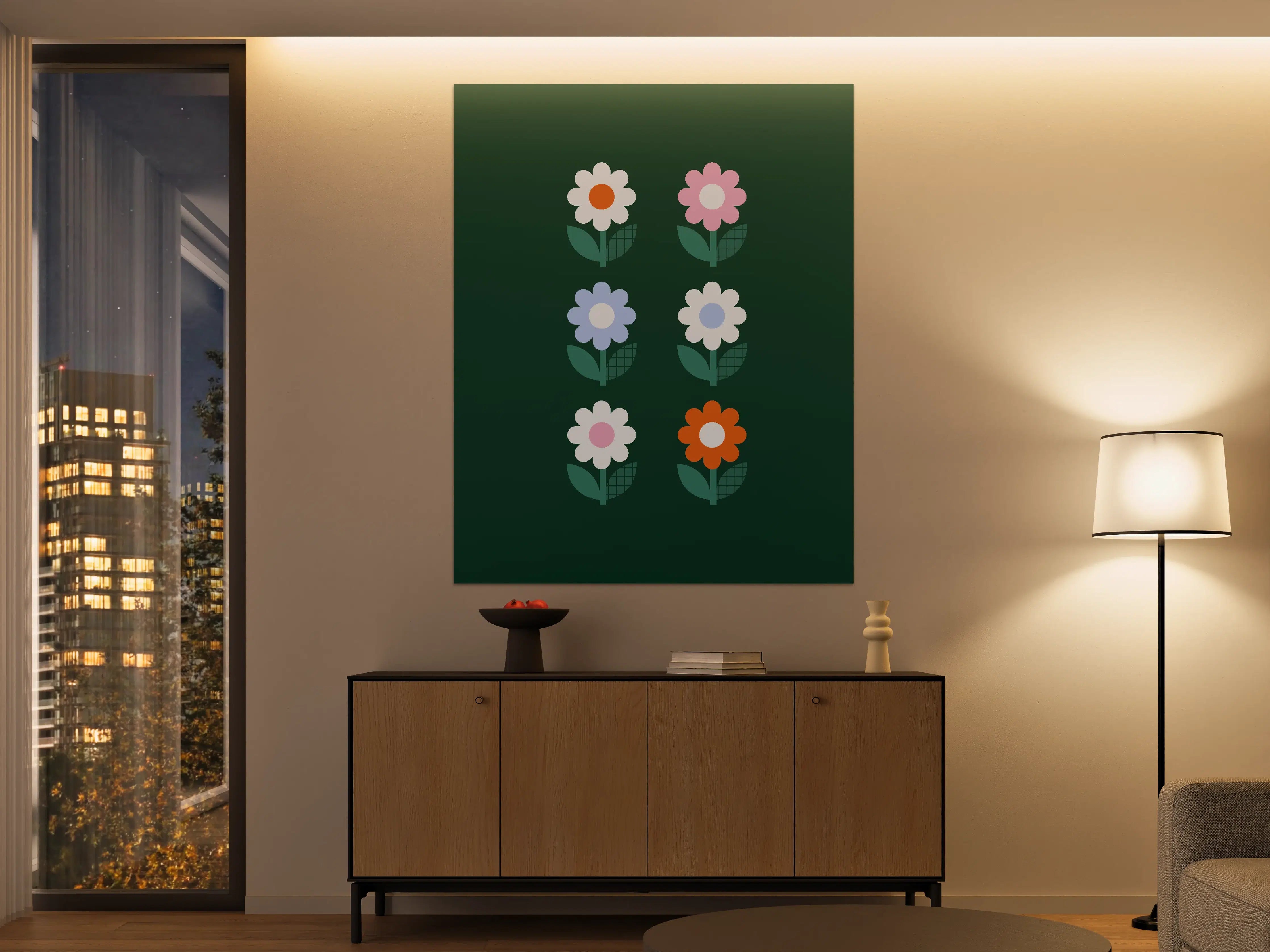 Große Wandbilder - Bunte Blumenmotive auf dunklem Hintergrund