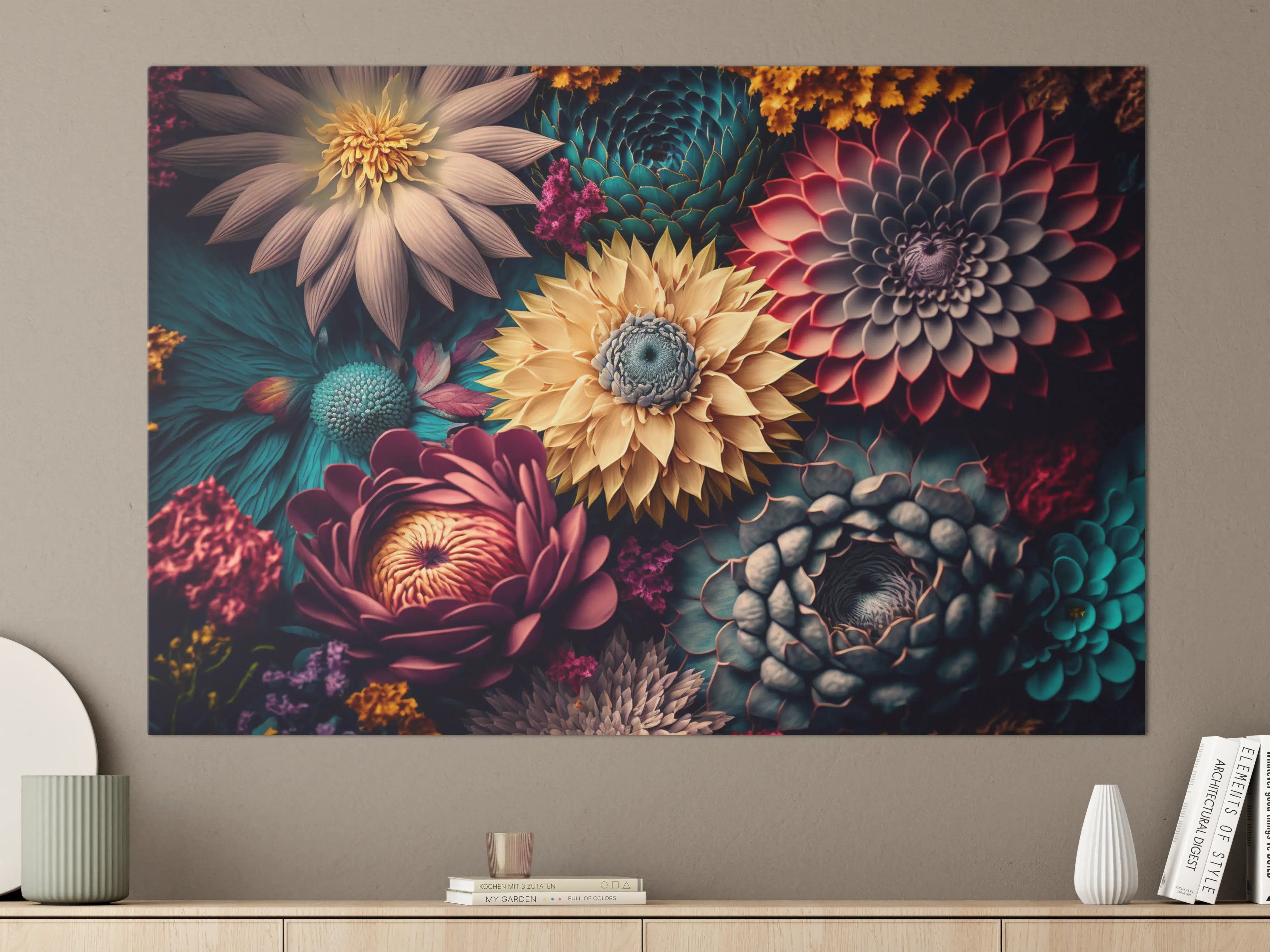 Große Wandbilder - Bunte Blumenvielfalt in dunklem Licht
