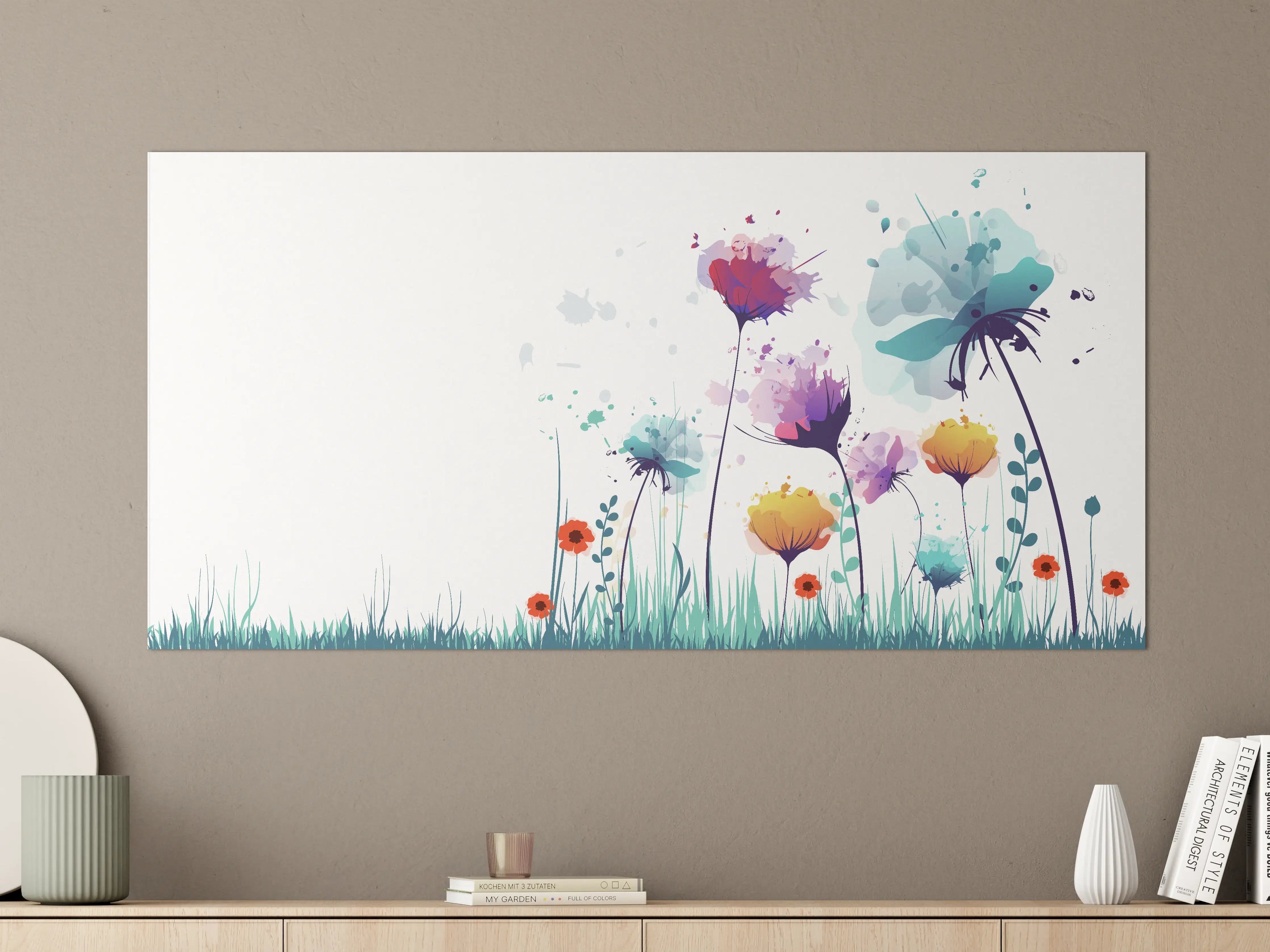 Große Wandbilder - Bunte Blumenwiese mit Wasserfarbeffekten