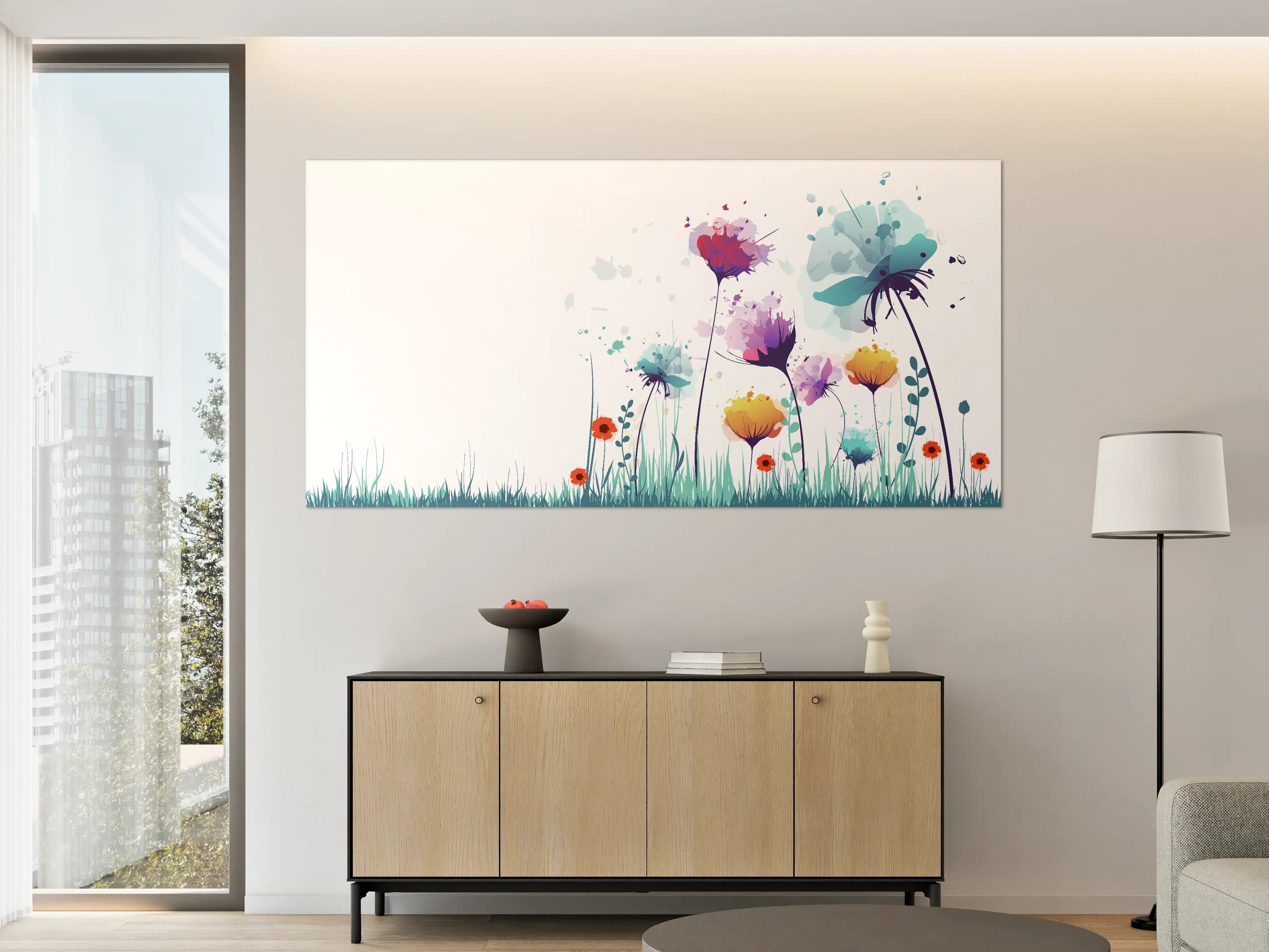 Große Wandbilder - Bunte Blumenwiese mit Wasserfarbeffekten