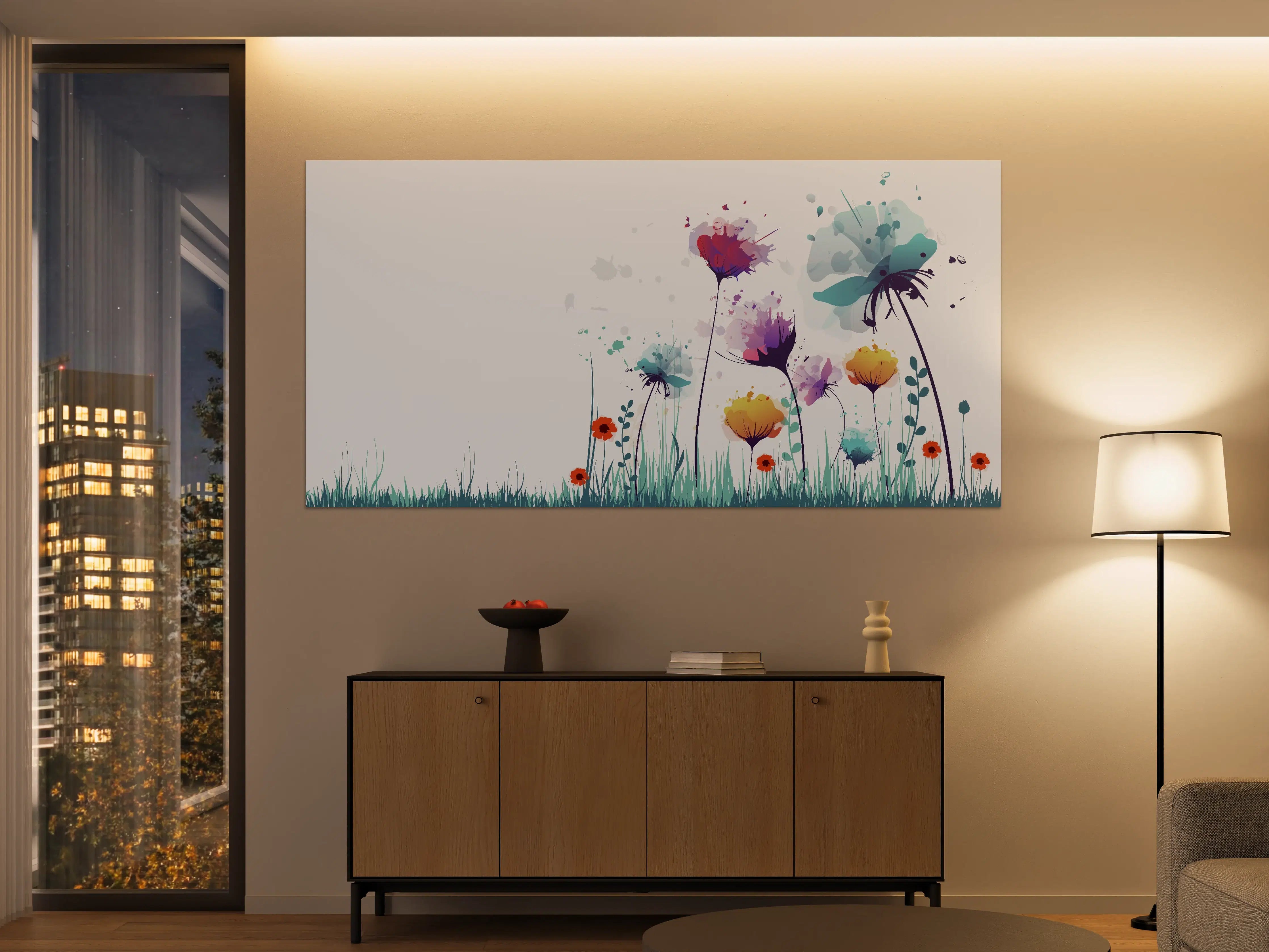 Große Wandbilder - Bunte Blumenwiese mit Wasserfarbeffekten