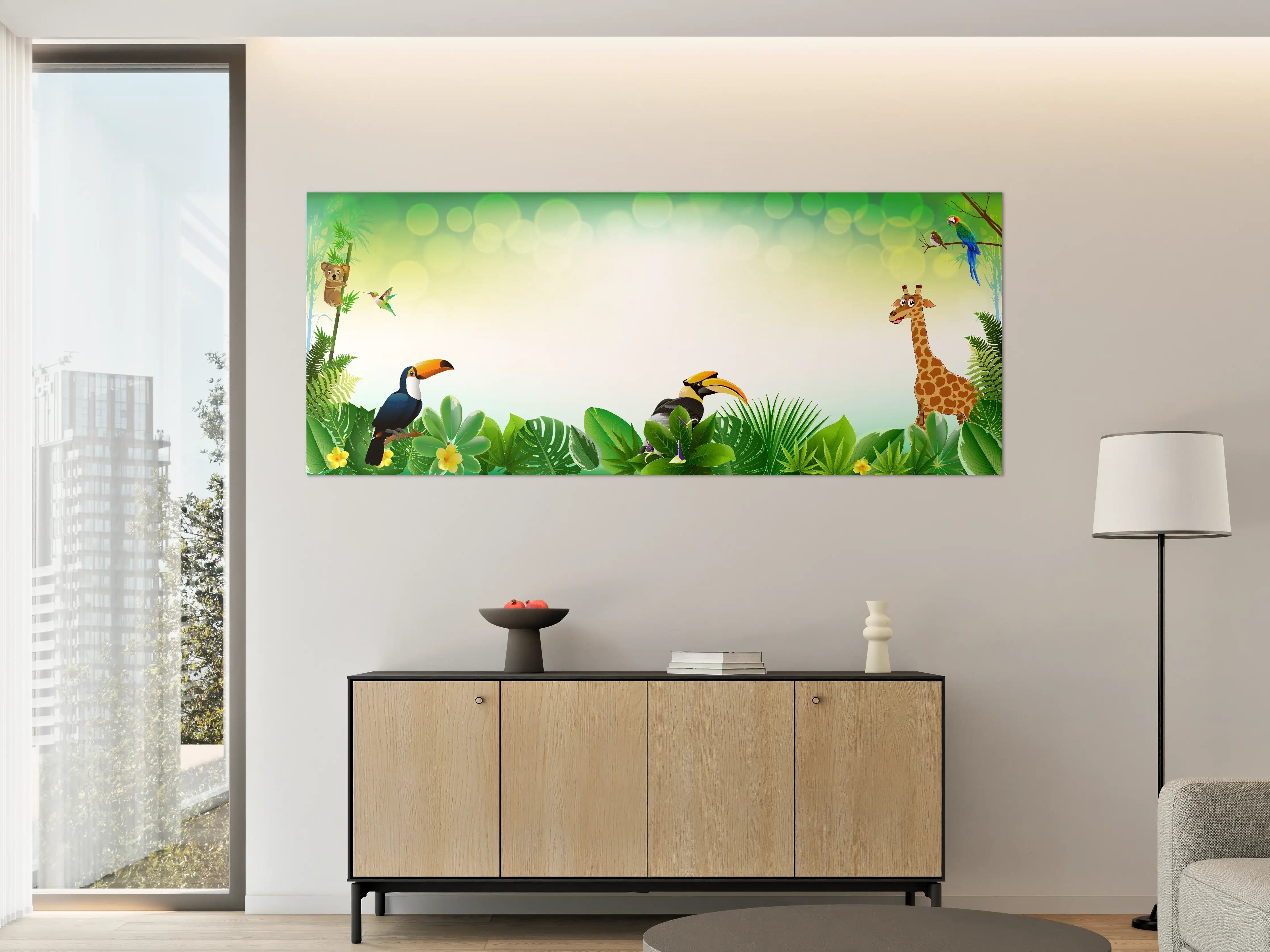Große Wandbilder - Bunte Dschungel-Landschaft mit exotischen Tieren