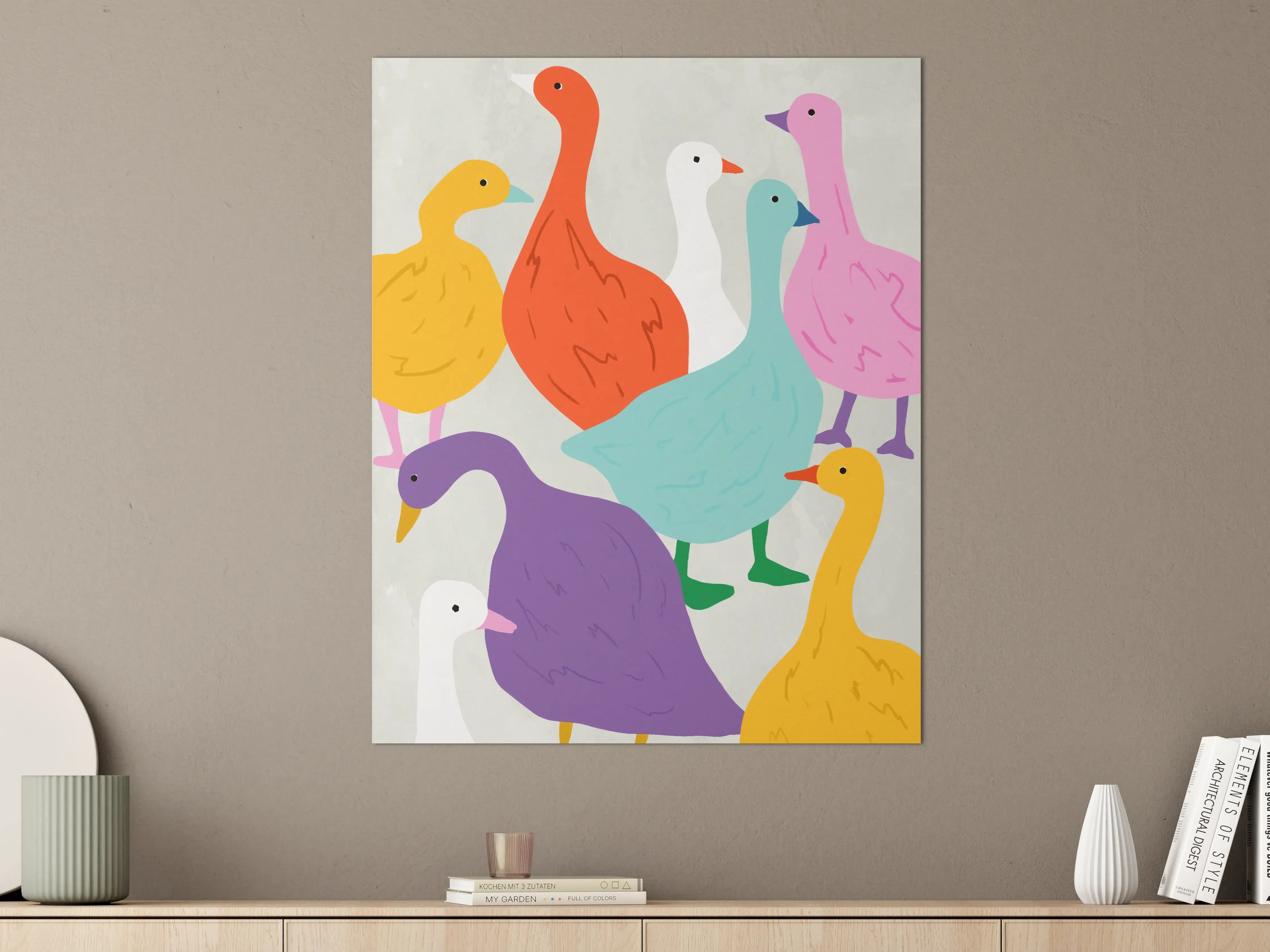 Große Wandbilder - Bunte Gänse in fröhlicher Illustration