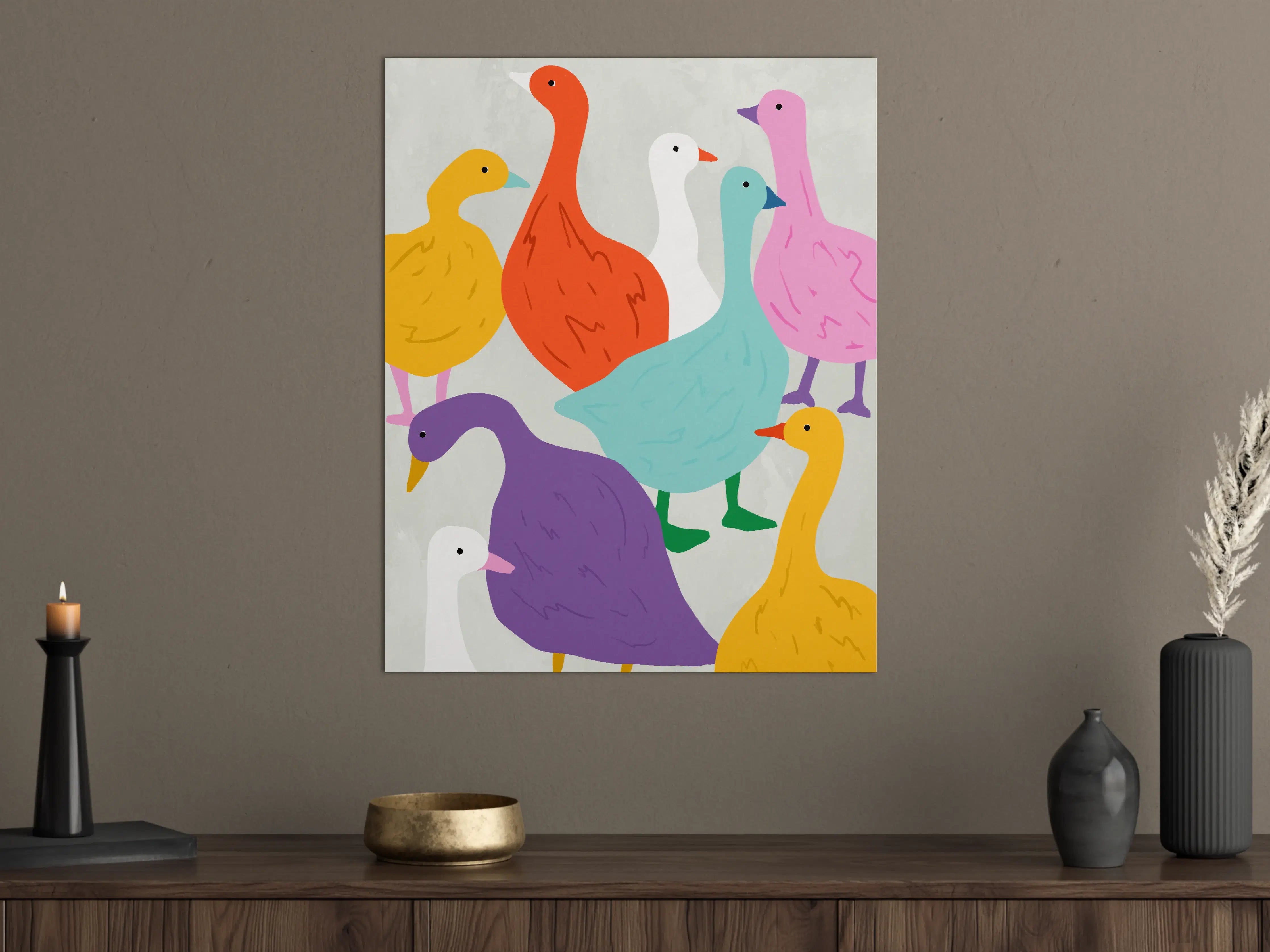 Große Wandbilder - Bunte Gänse in fröhlicher Illustration