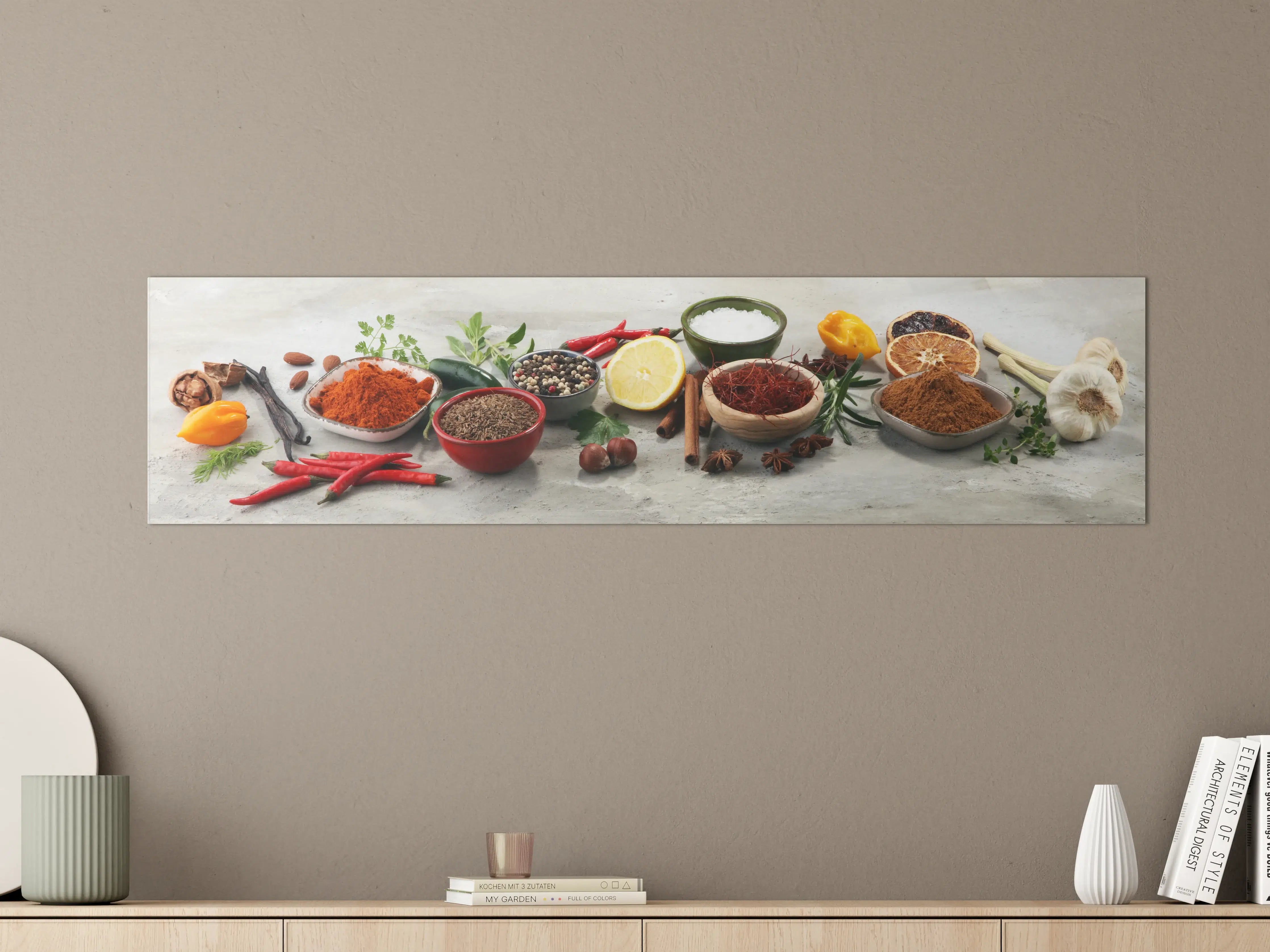 Große Wandbilder - Bunte Gewürzpalette mit frischen Zutaten