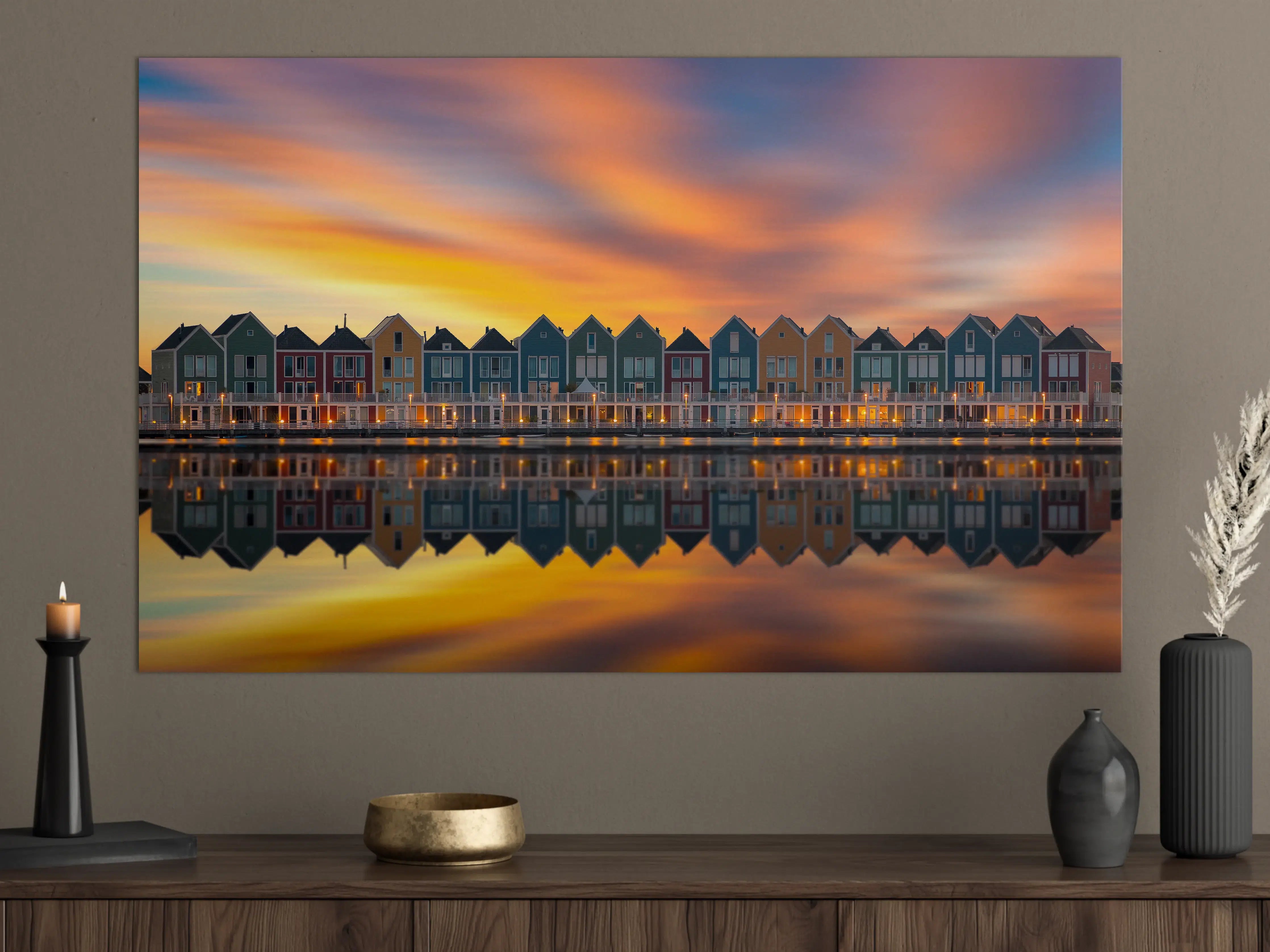 Große Wandbilder - Bunte Häuser am Wasser bei Sonnenuntergang