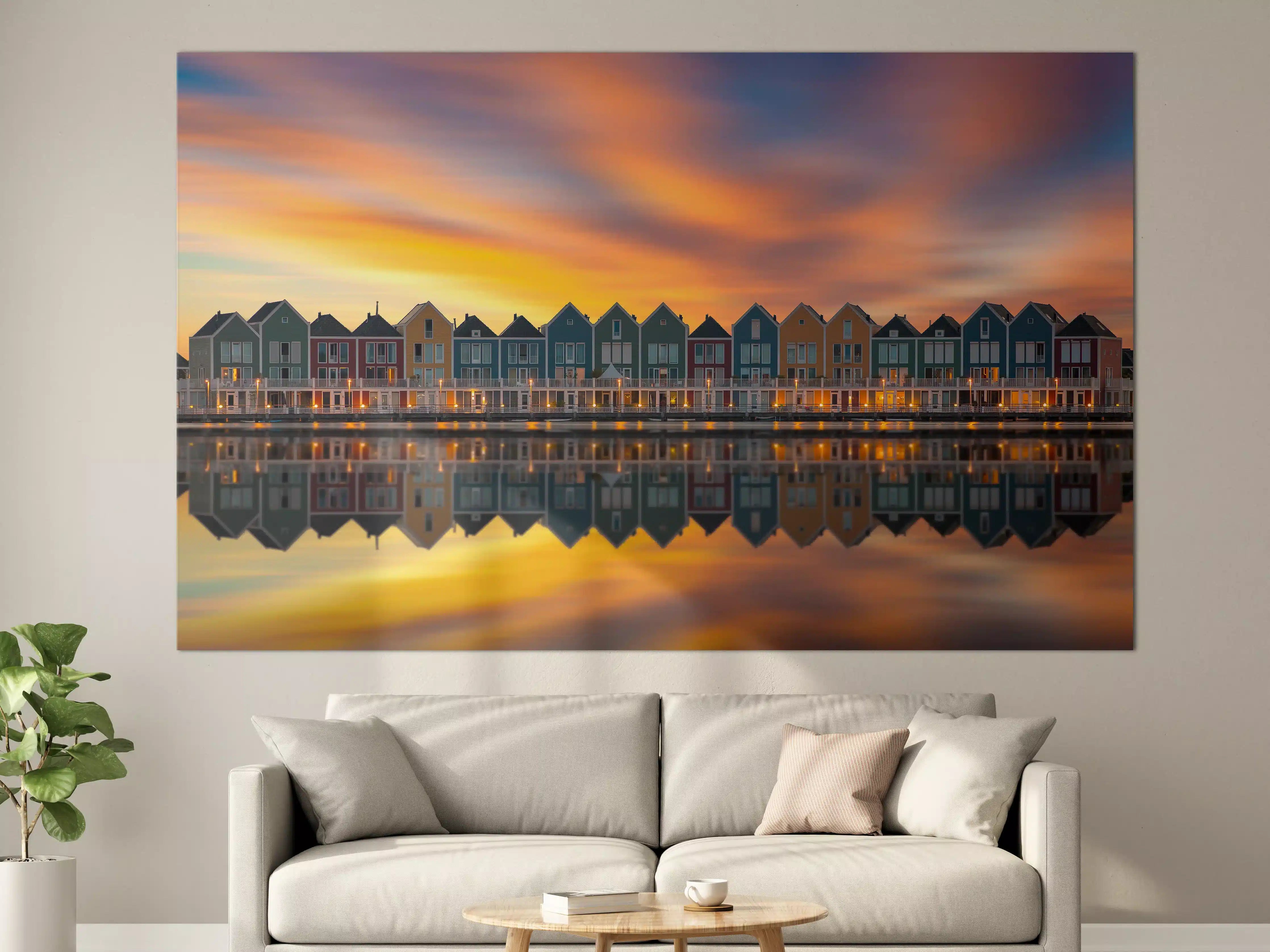 Große Wandbilder - Bunte Häuser am Wasser bei Sonnenuntergang