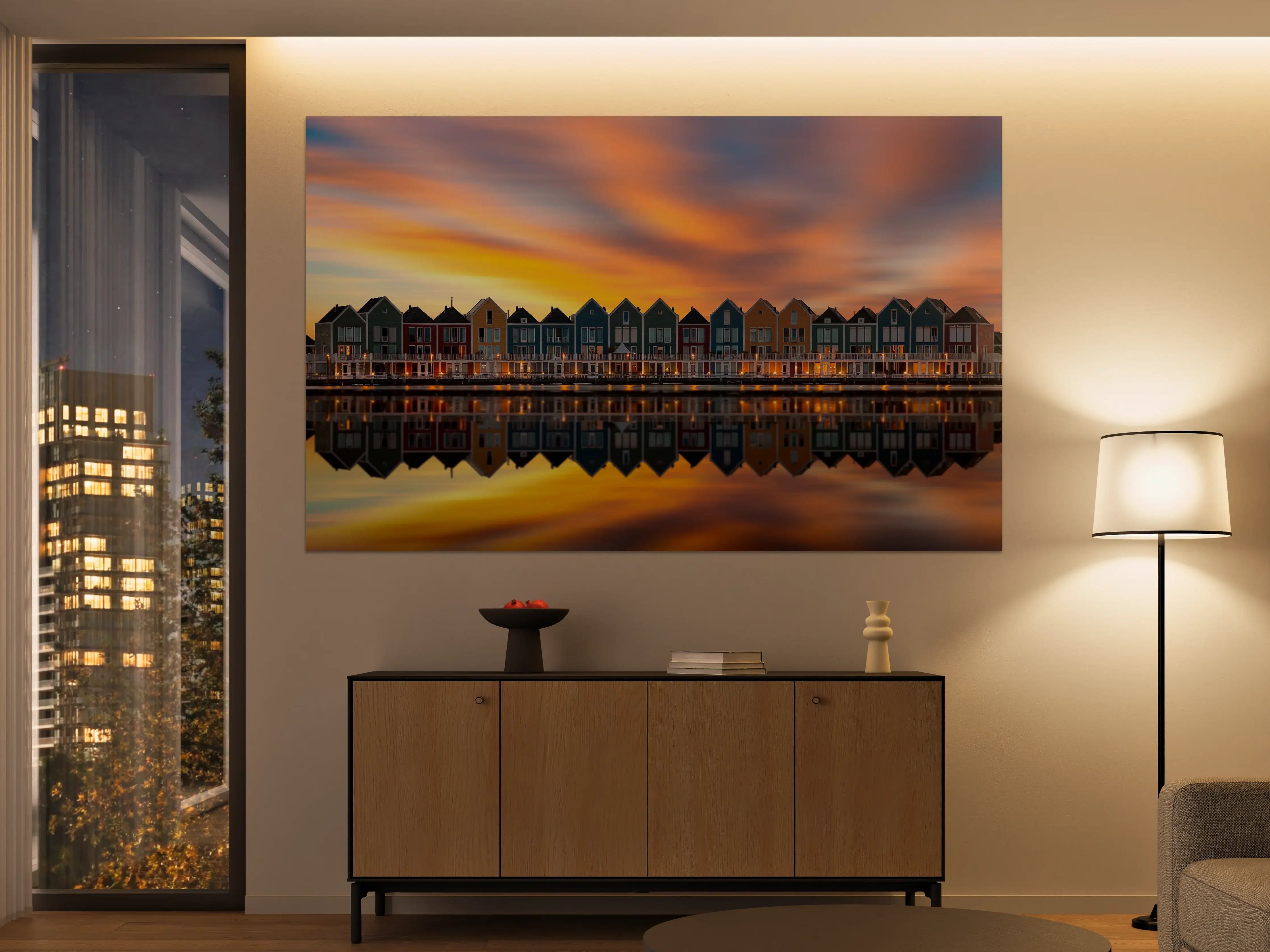 Große Wandbilder - Bunte Häuser am Wasser bei Sonnenuntergang