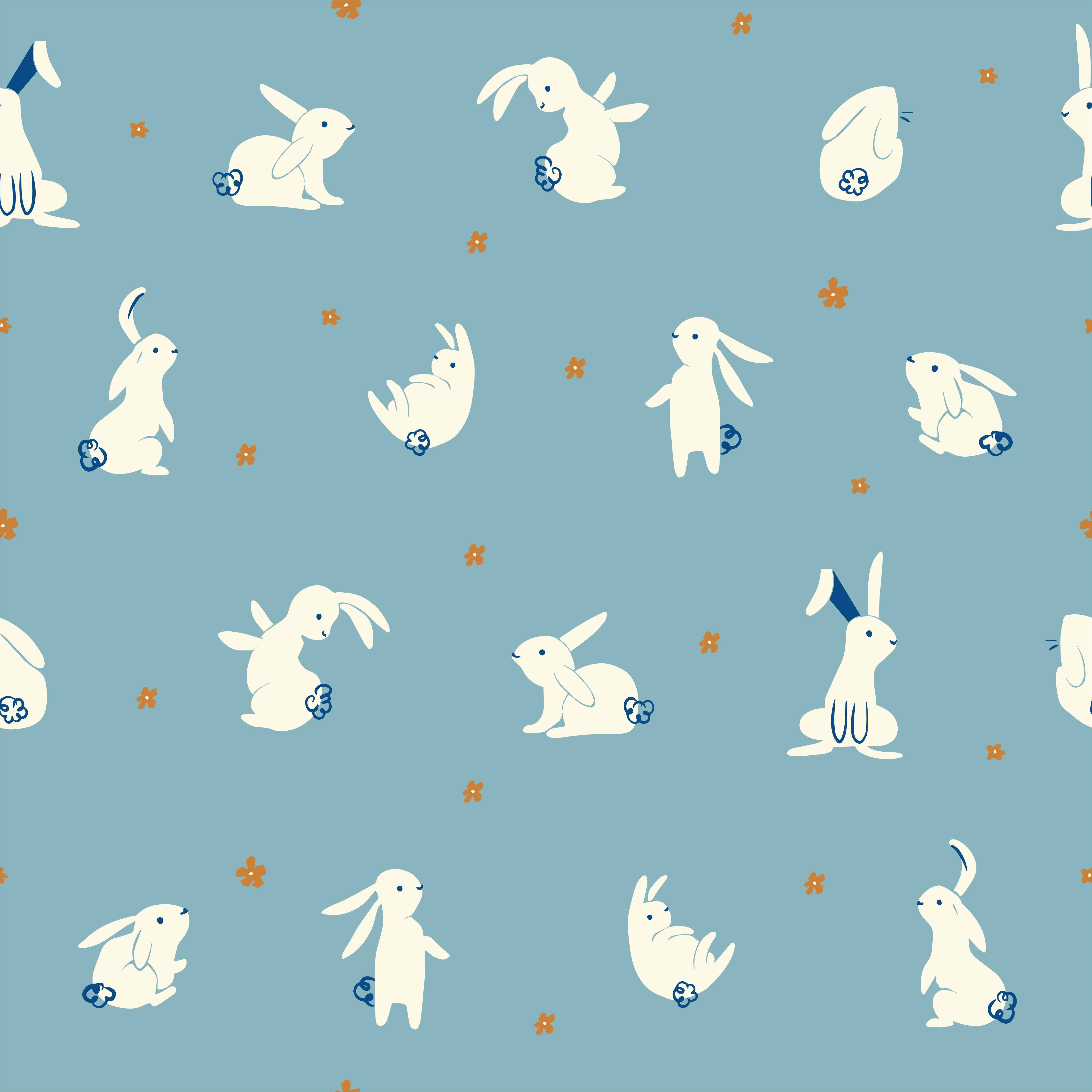 Große Wandbilder-Bunte Hasen auf Blau mit kleinen Blumen