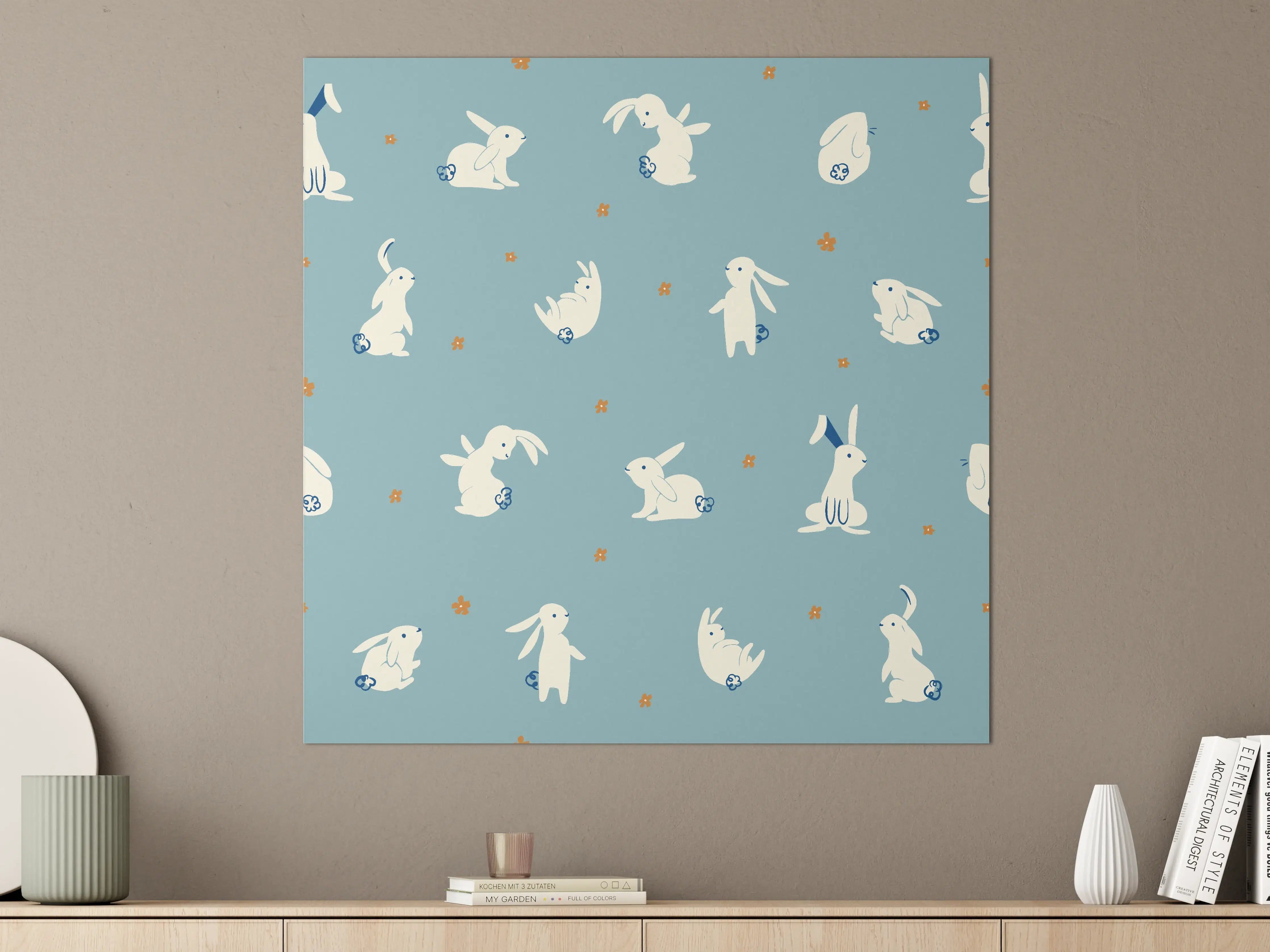 Große Wandbilder - Bunte Hasen auf Blau mit kleinen Blumen