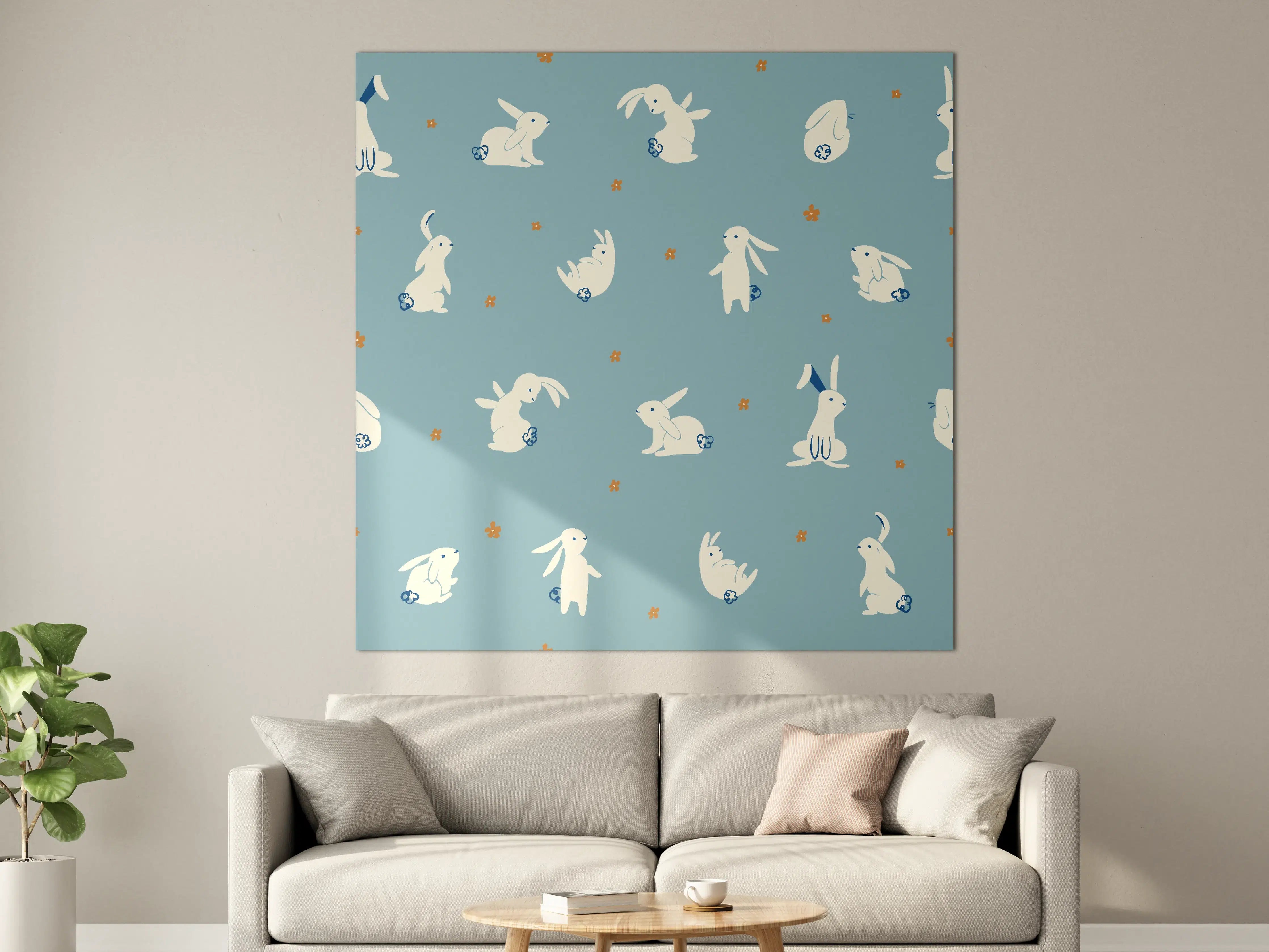 Große Wandbilder - Bunte Hasen auf Blau mit kleinen Blumen