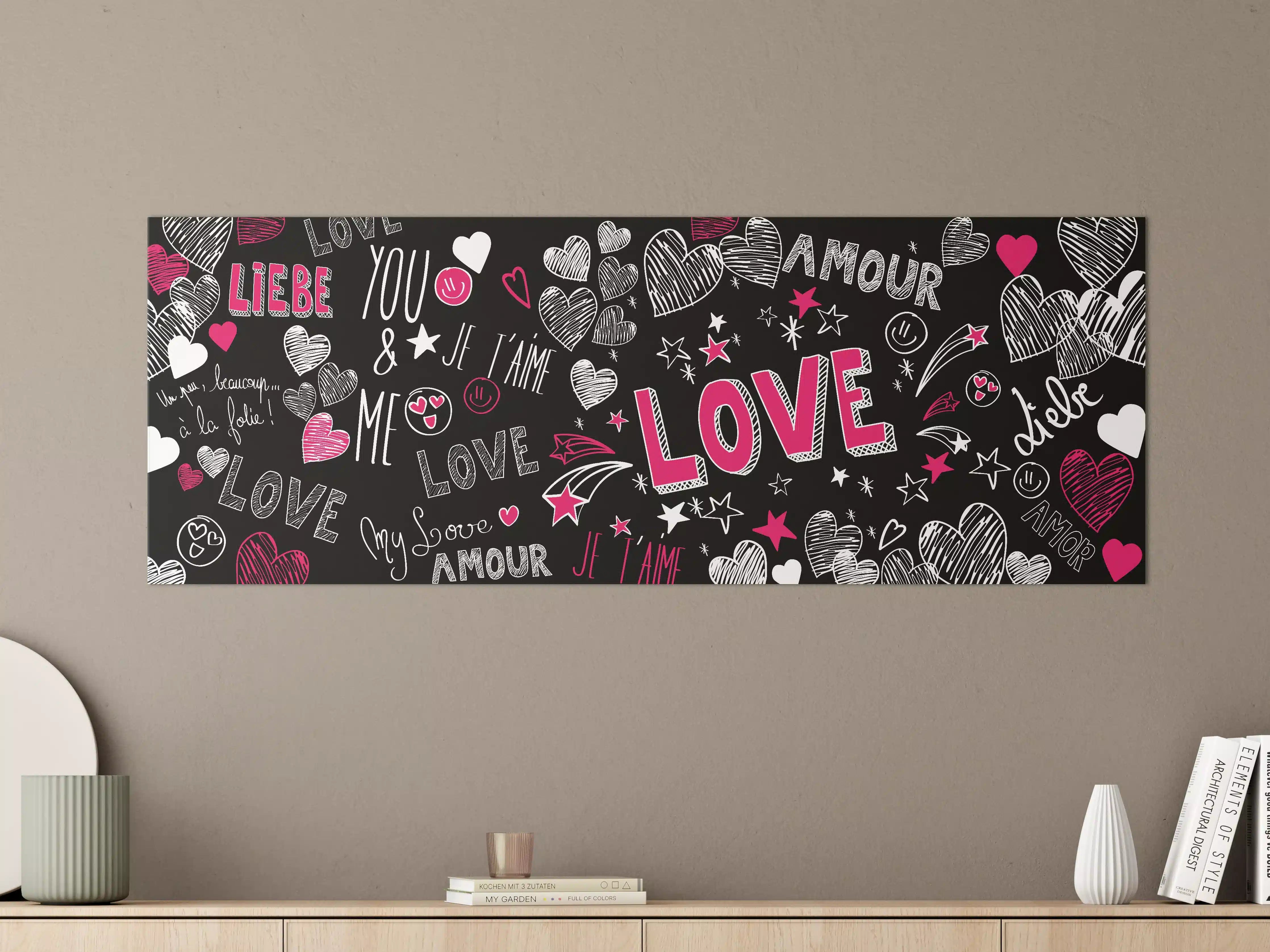Große Wandbilder - Bunte Liebe Herzen Schrift Banner