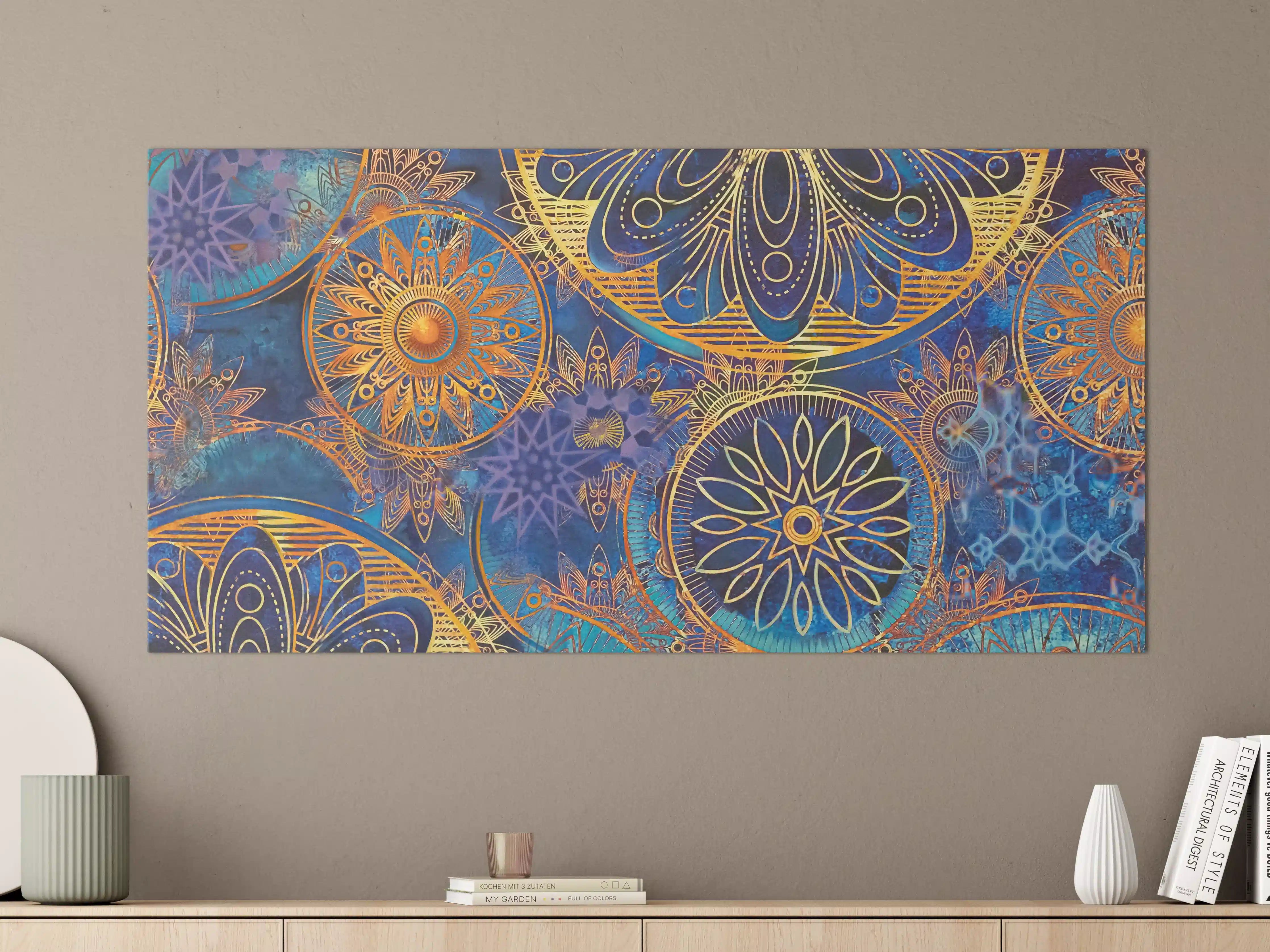 Große Wandbilder - Bunte Mandala-Muster in Blau und Gold