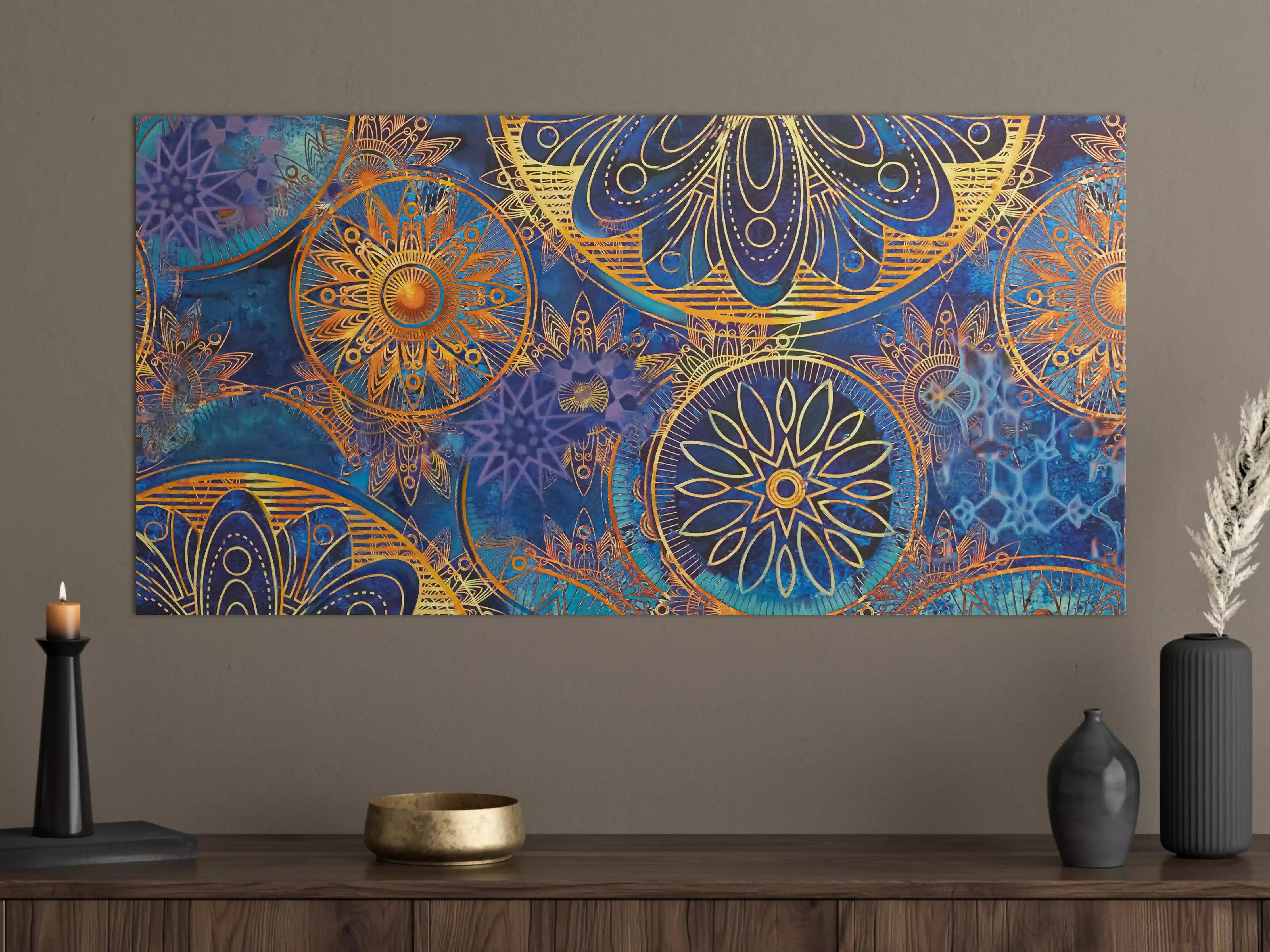 Große Wandbilder - Bunte Mandala-Muster in Blau und Gold
