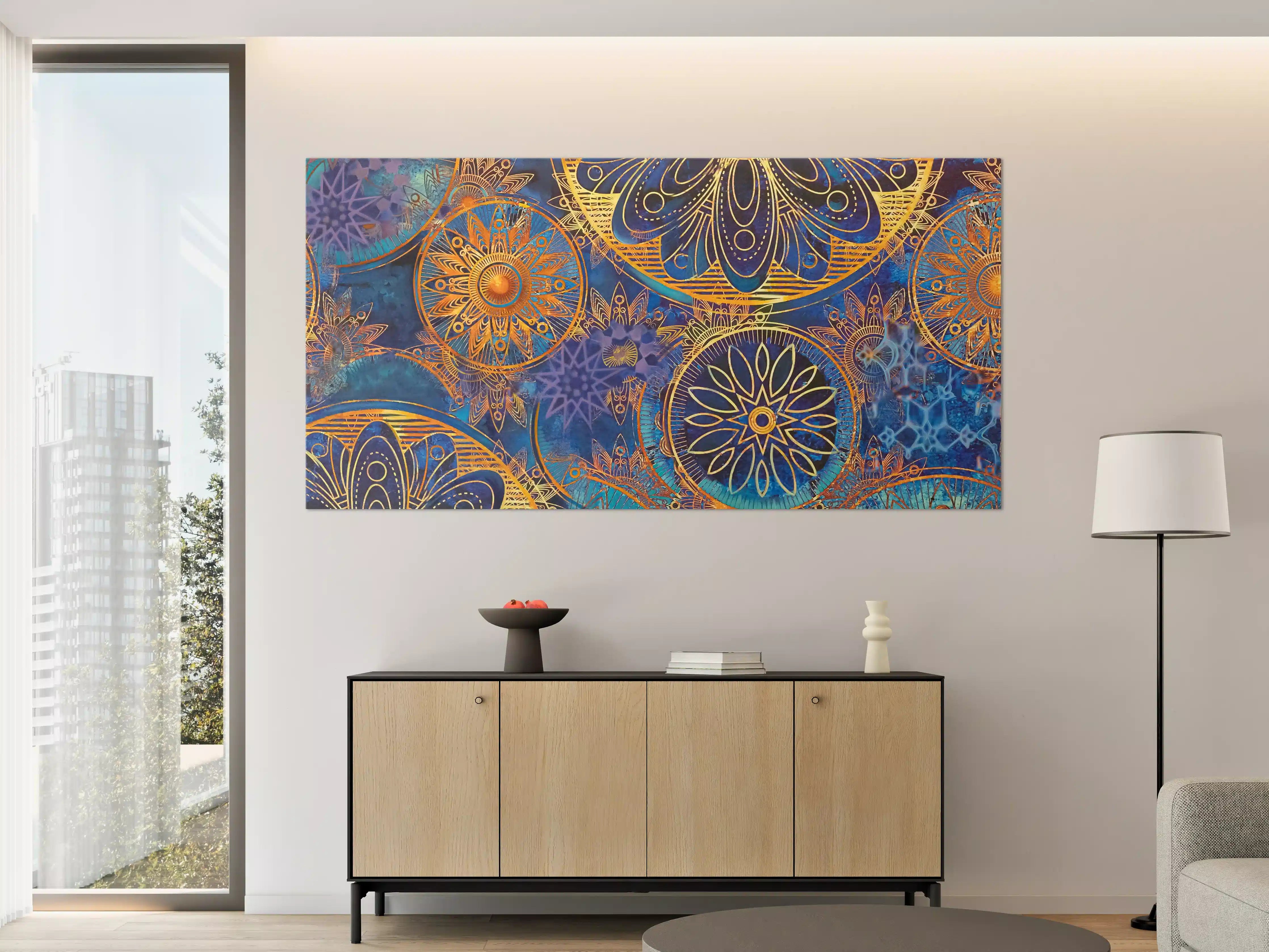 Große Wandbilder - Bunte Mandala-Muster in Blau und Gold