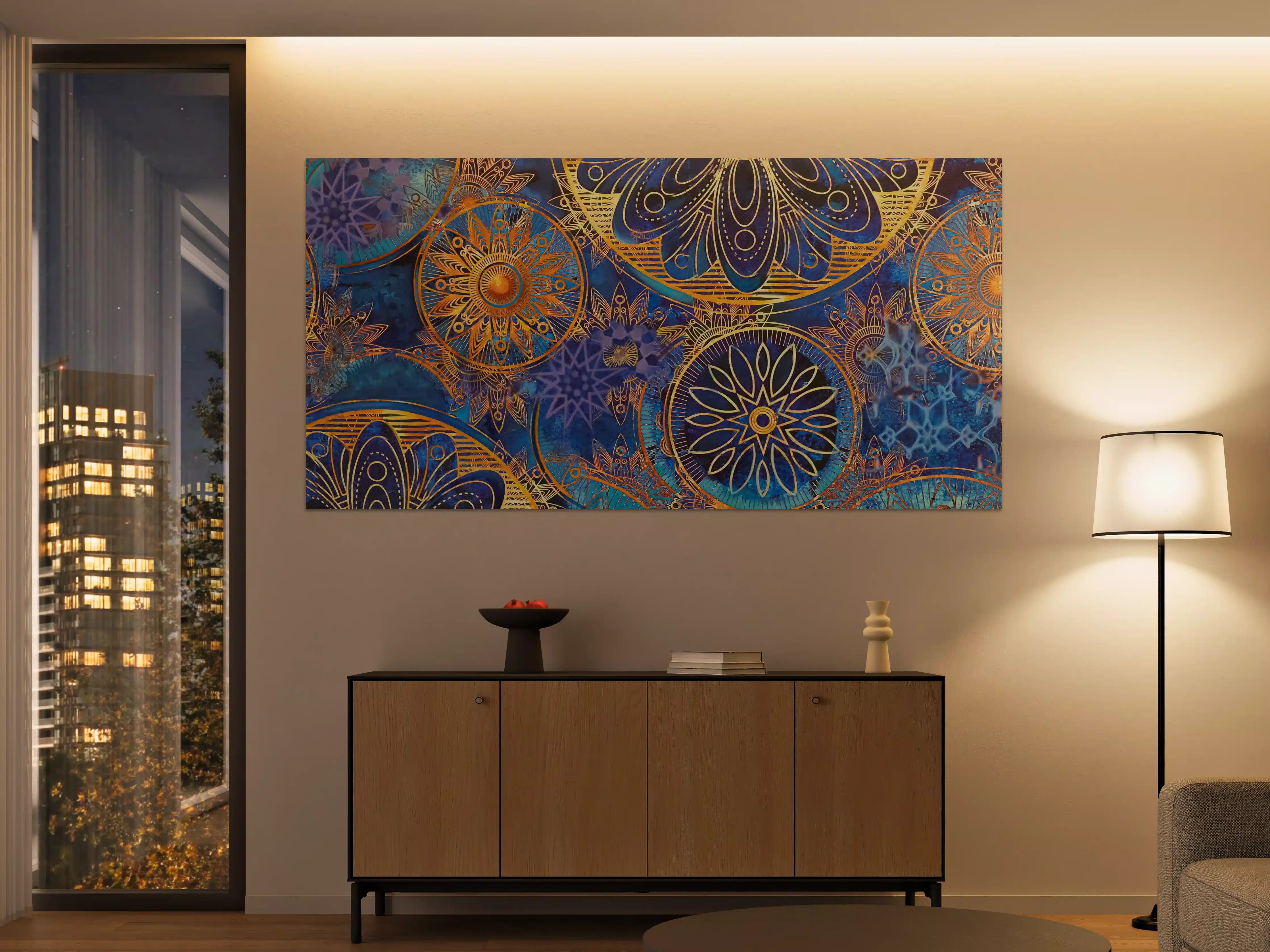 Große Wandbilder - Bunte Mandala-Muster in Blau und Gold