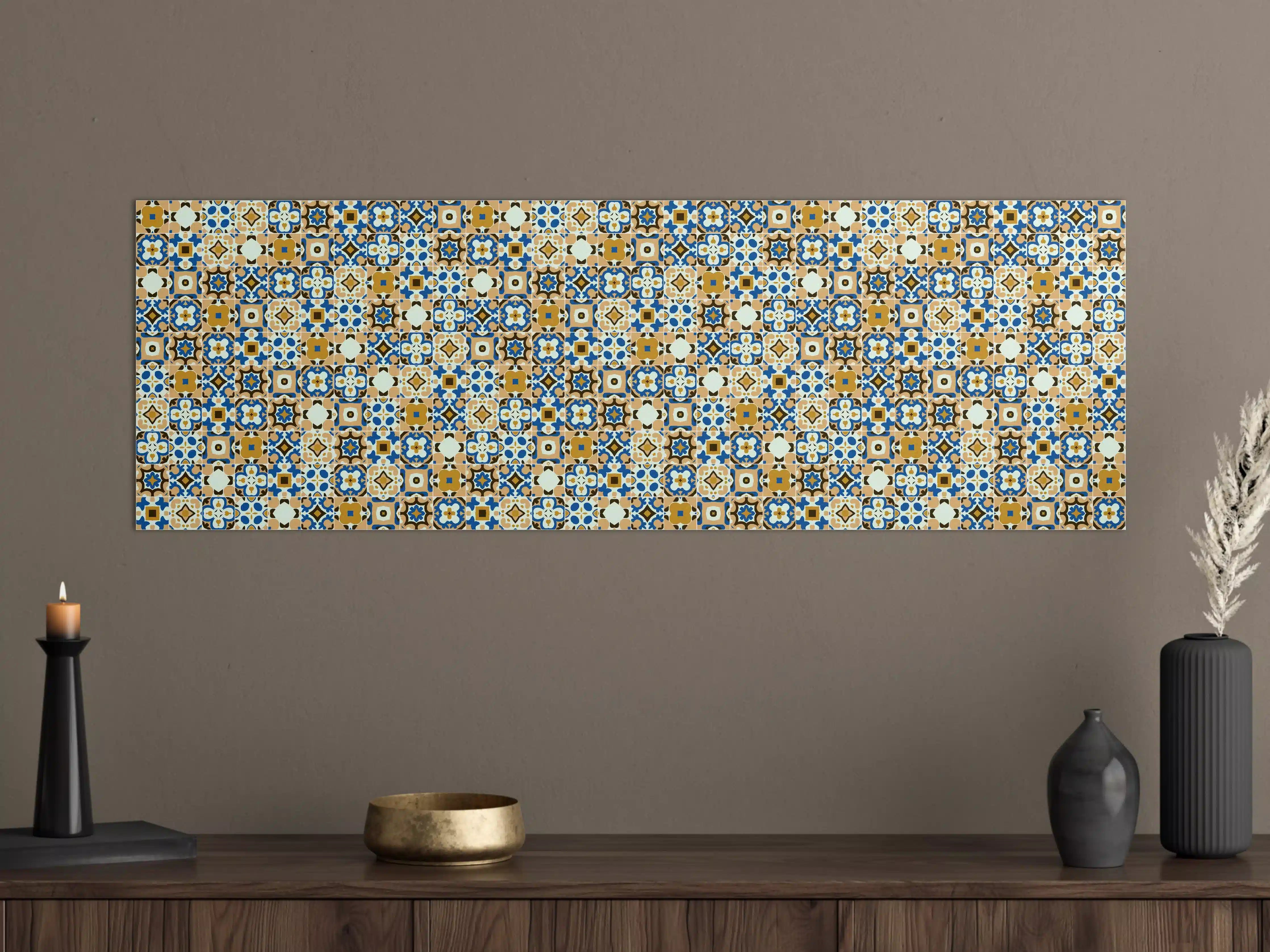 Große Wandbilder - Bunte Mosaikfliesen mit goldenen und blauen Mustern
