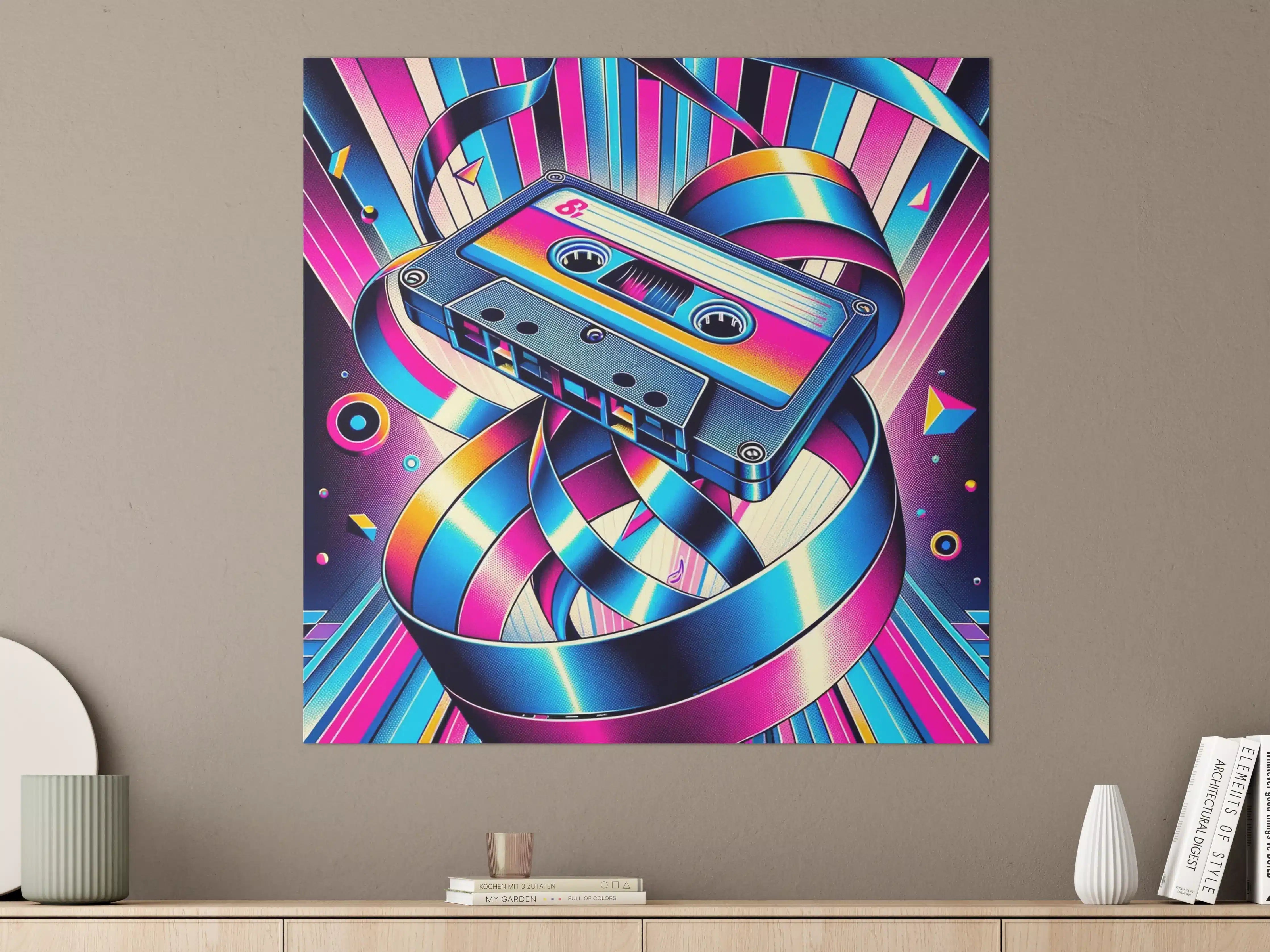 Große Wandbilder - Bunte Retro-Kassette mit Neon-Lichter