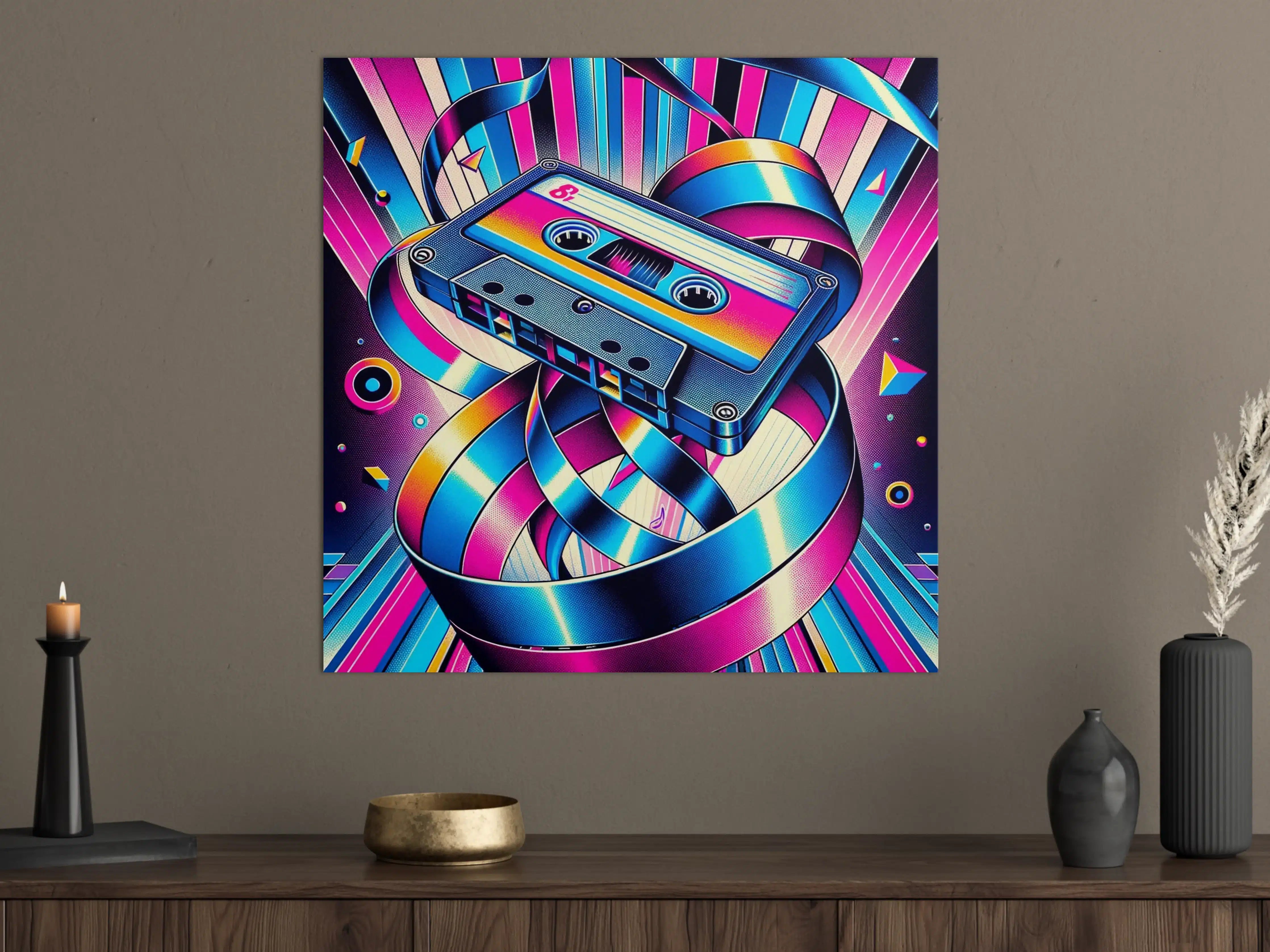 Große Wandbilder - Bunte Retro-Kassette mit Neon-Lichter