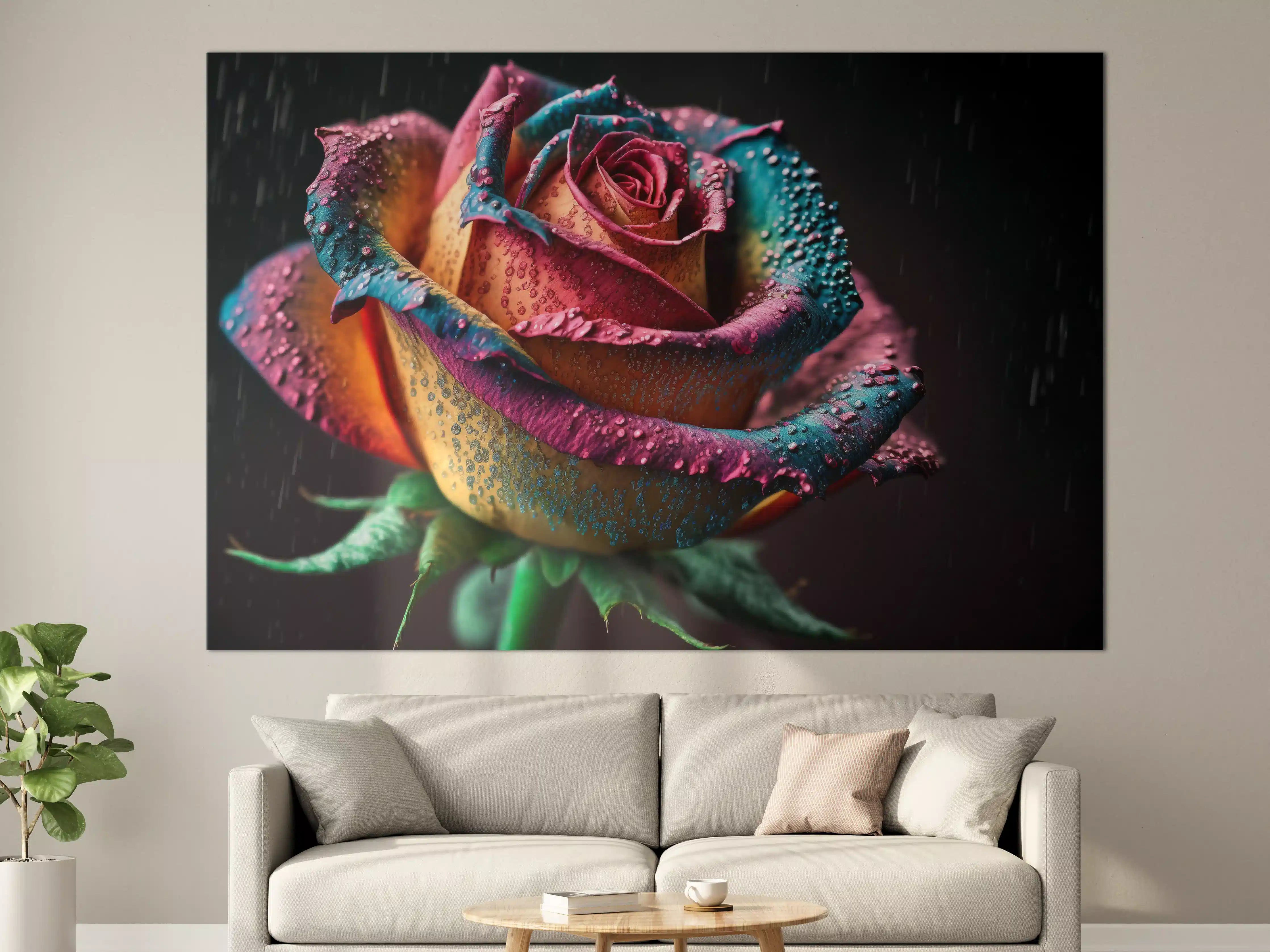 Große Wandbilder - Bunte Rose mit Wassertropfen