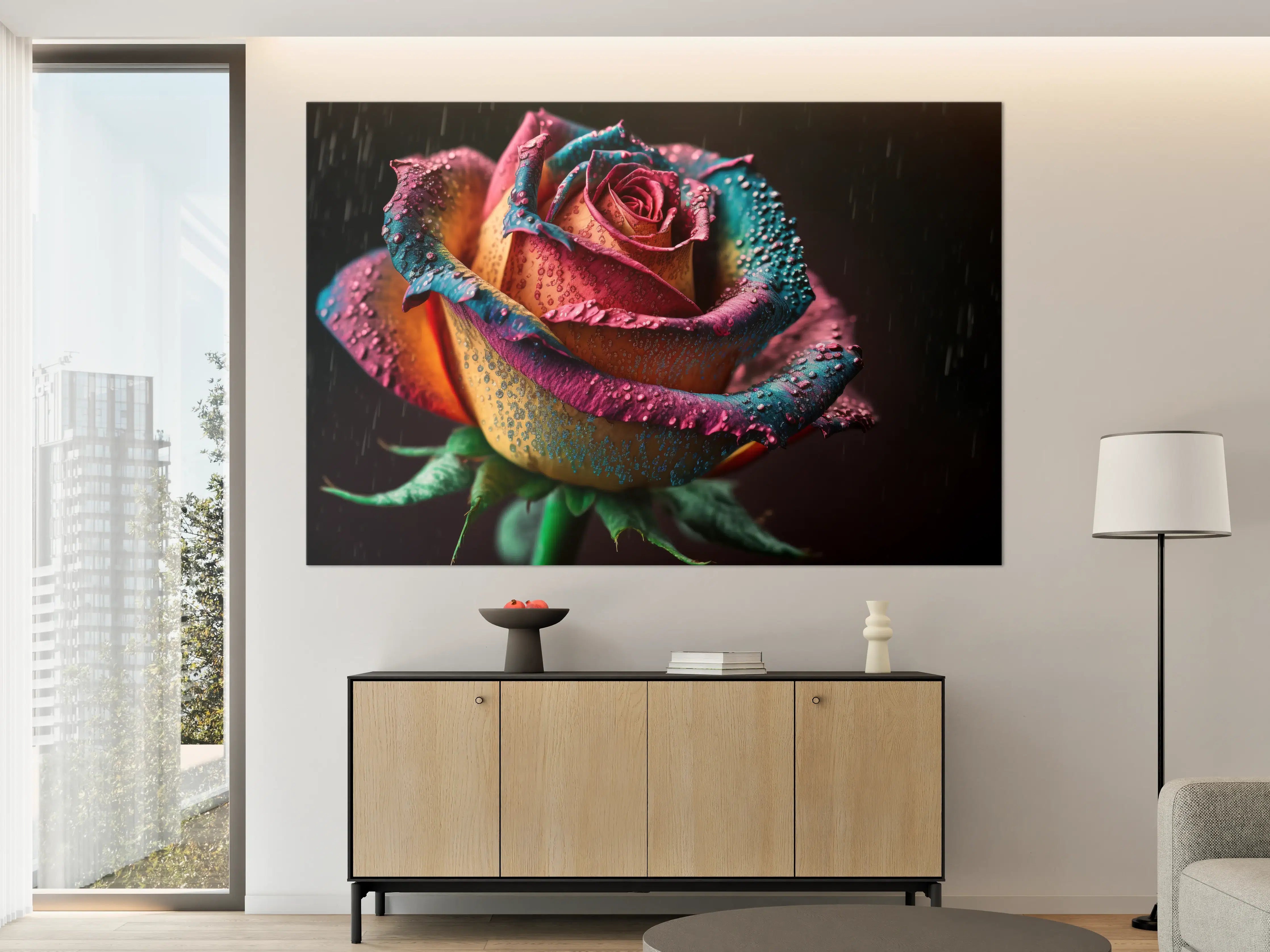 Große Wandbilder - Bunte Rose mit Wassertropfen