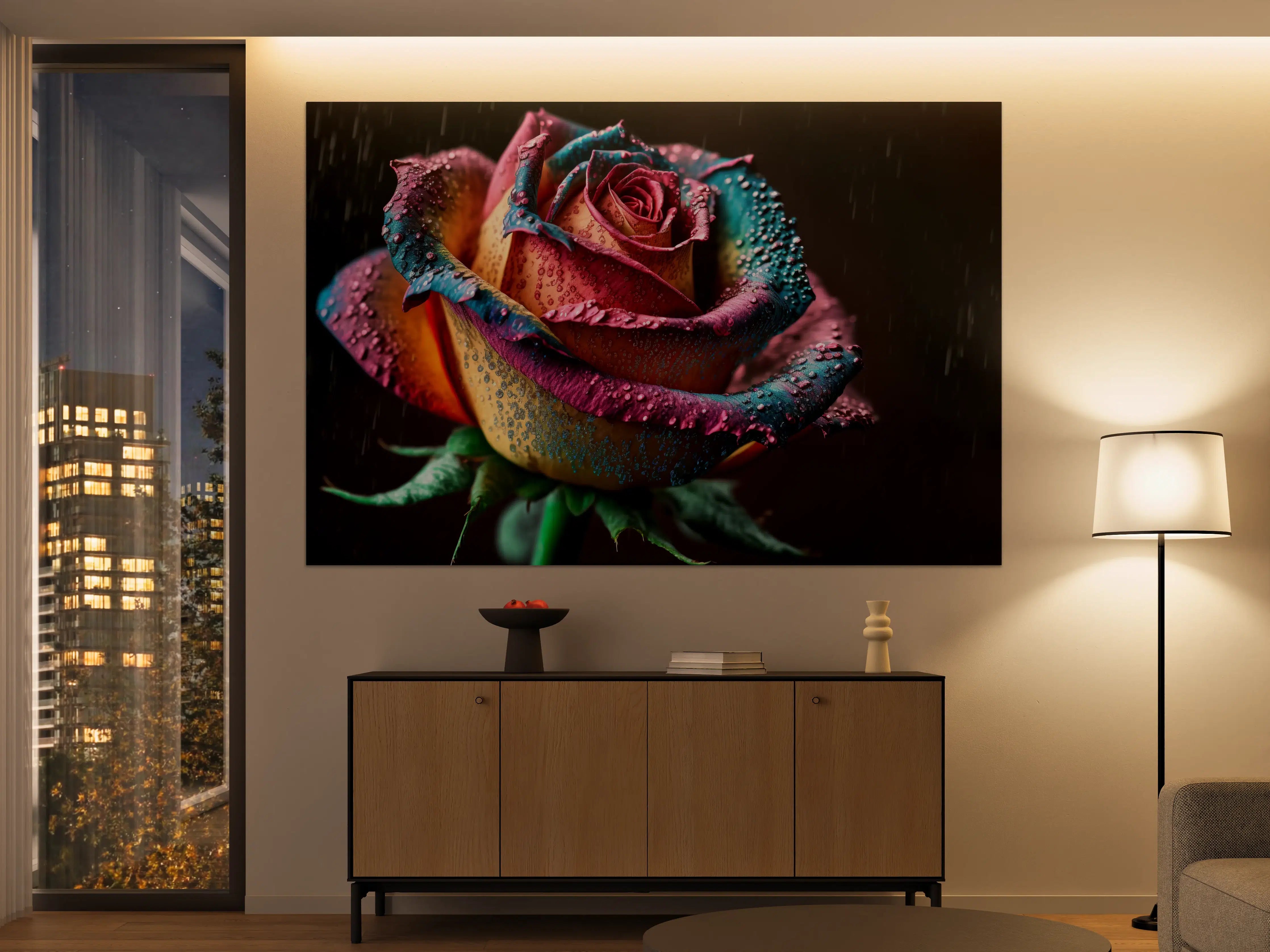 Große Wandbilder - Bunte Rose mit Wassertropfen