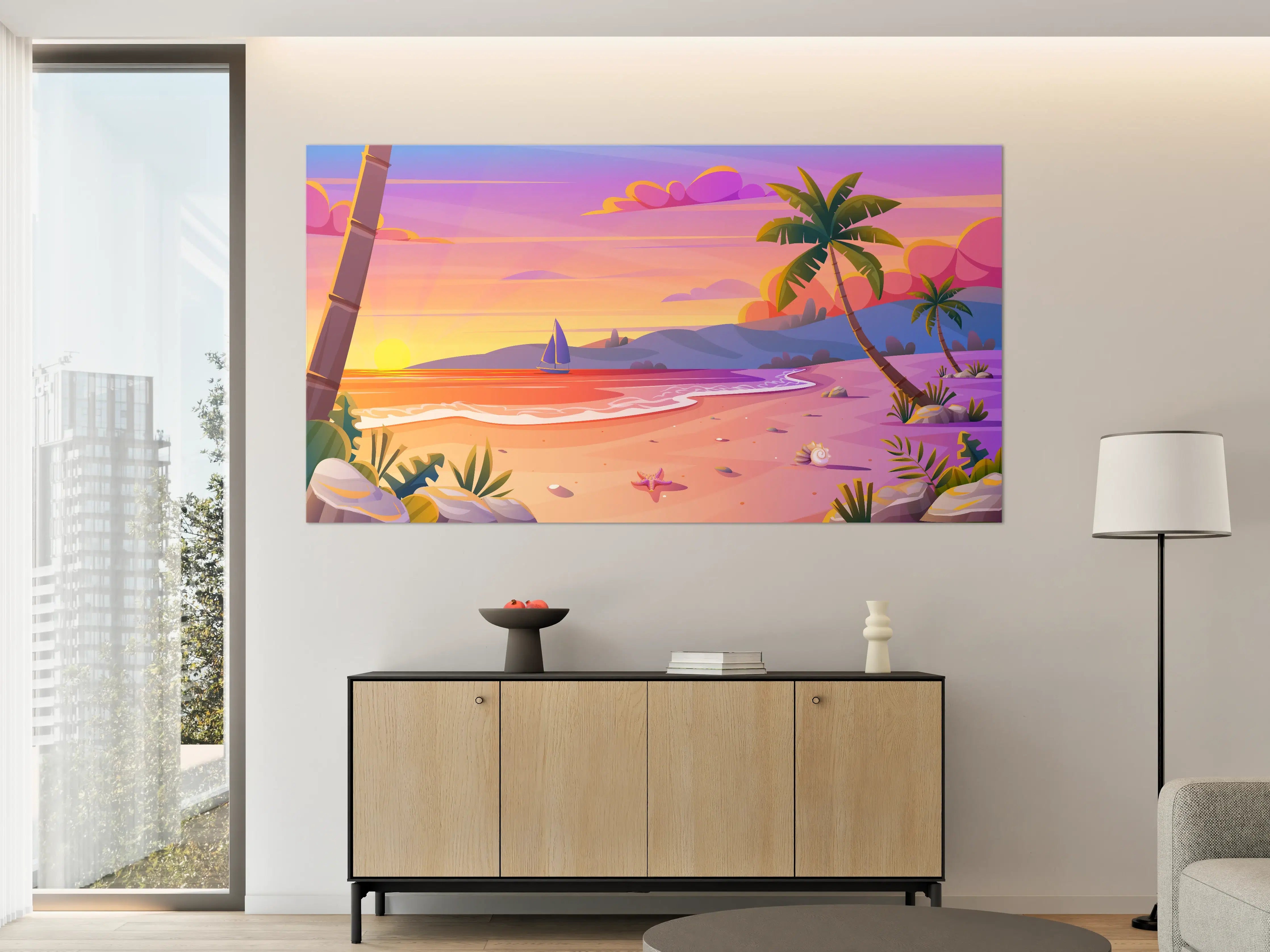 Große Wandbilder - Bunte Strandlandschaft bei Sonnenuntergang