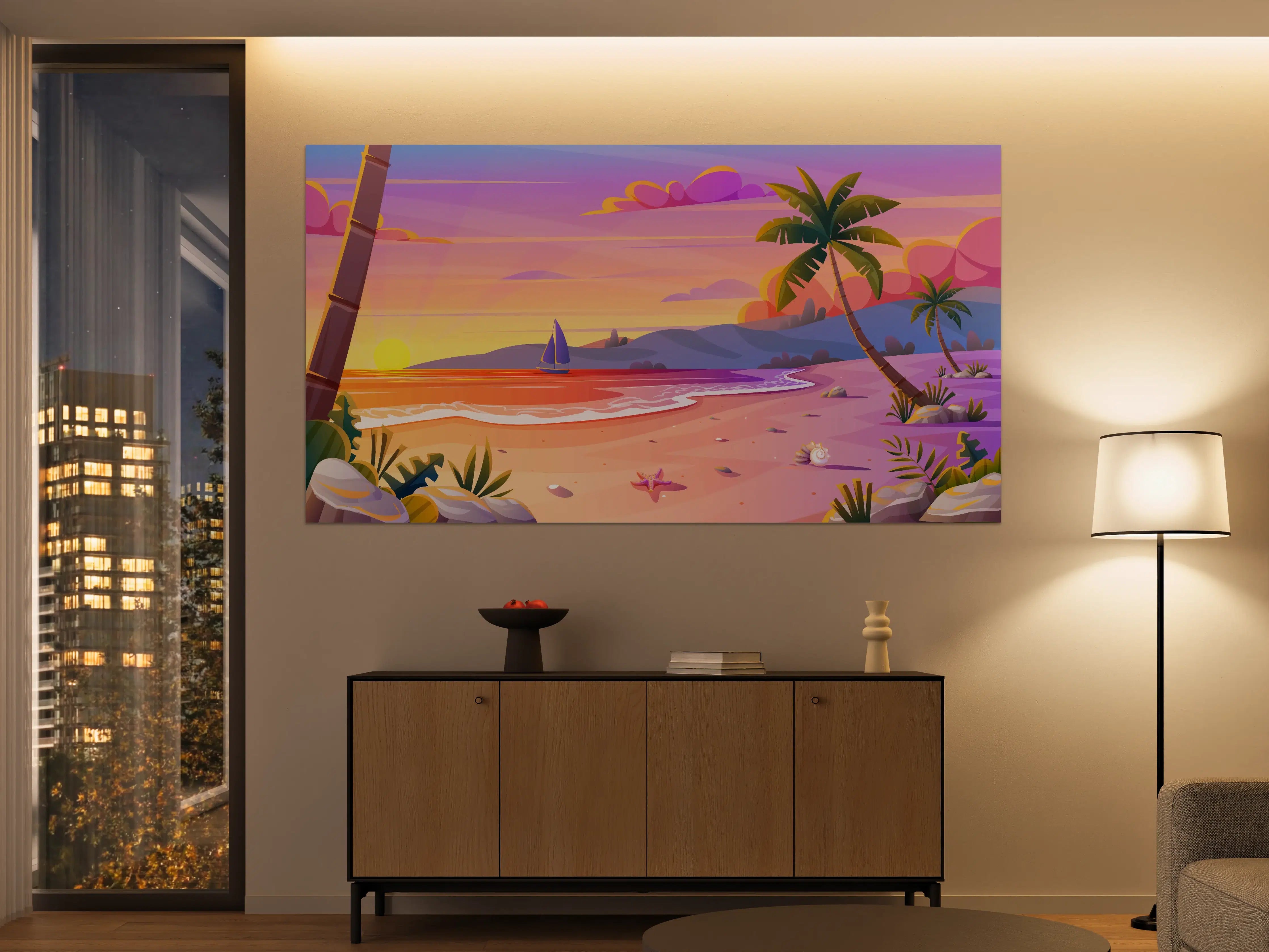 Große Wandbilder - Bunte Strandlandschaft bei Sonnenuntergang