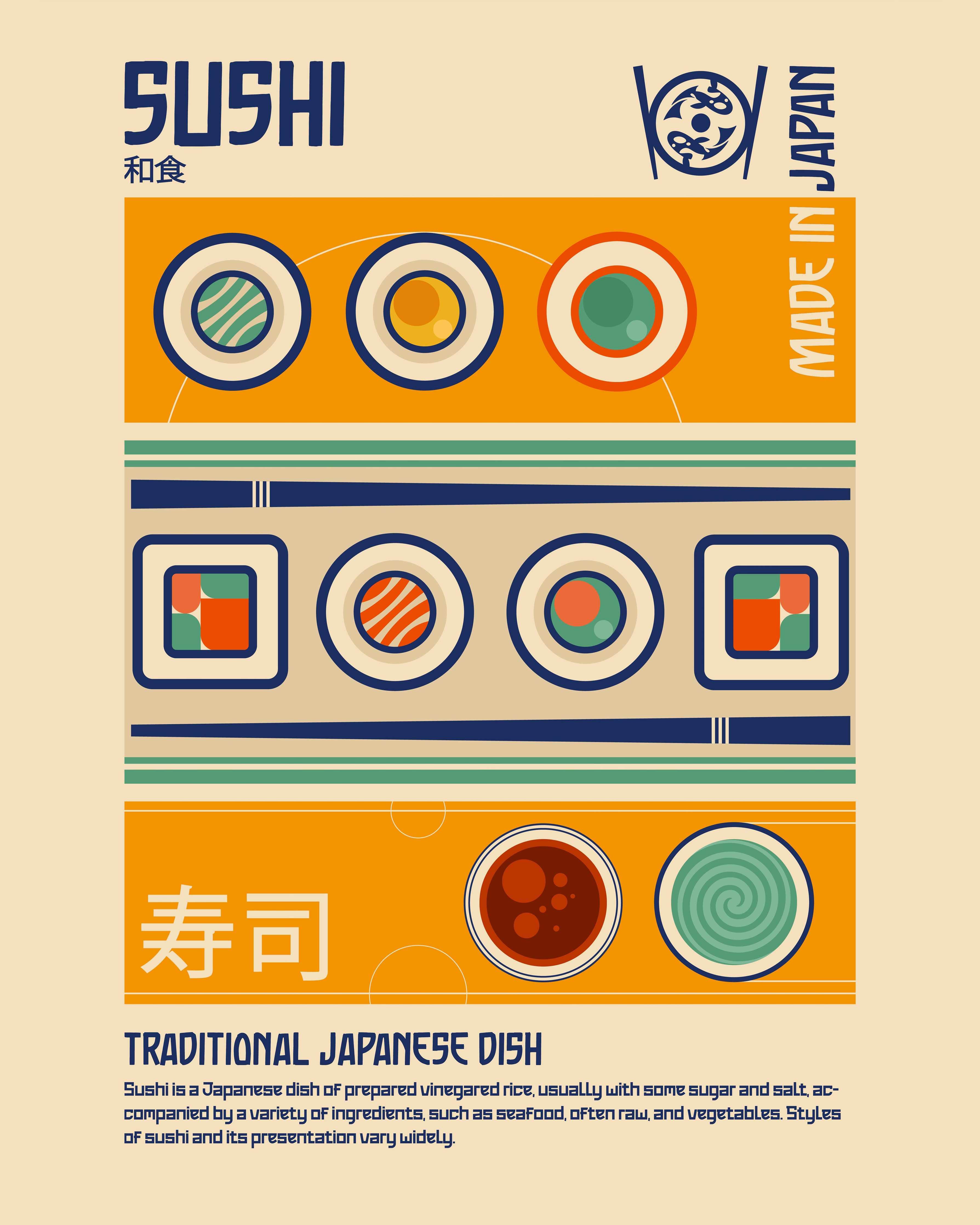 Große Wandbilder-Bunte Sushi-Illustration in Retro-Stil