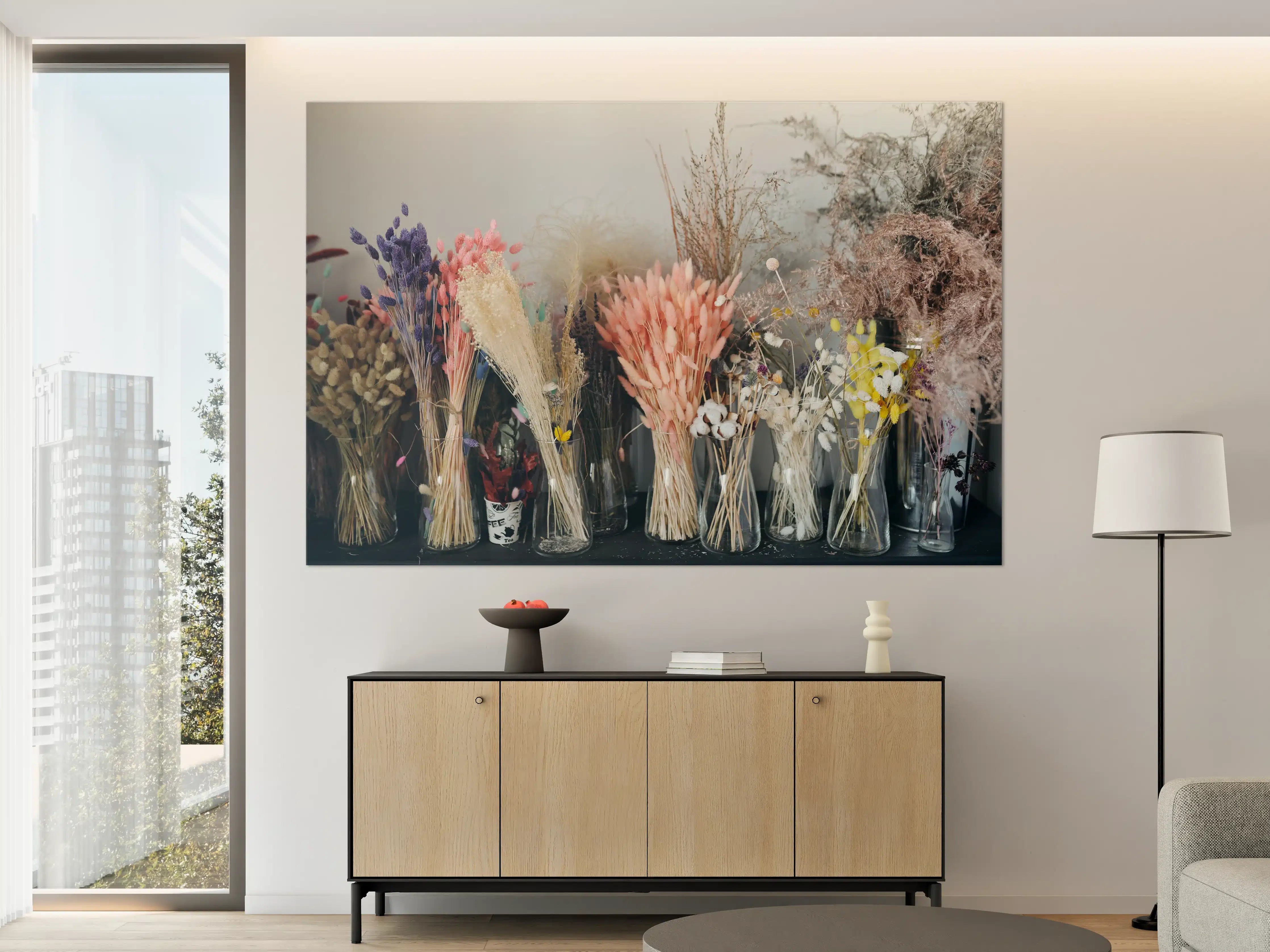 Große Wandbilder - Bunte Trockenblumen im Regal