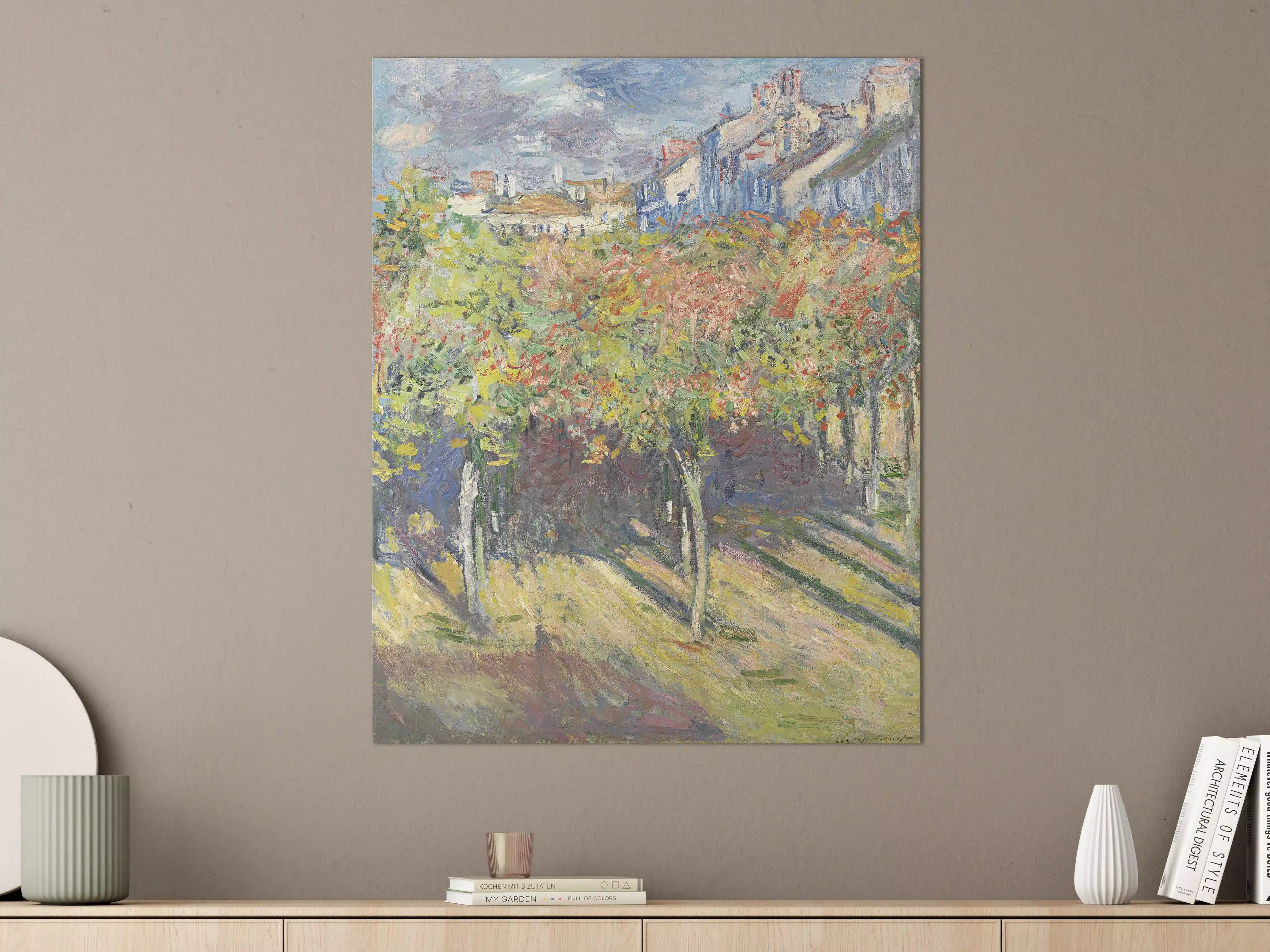 Große Wandbilder - Bunte Weinberglandschaft mit Schatten und Häusern
