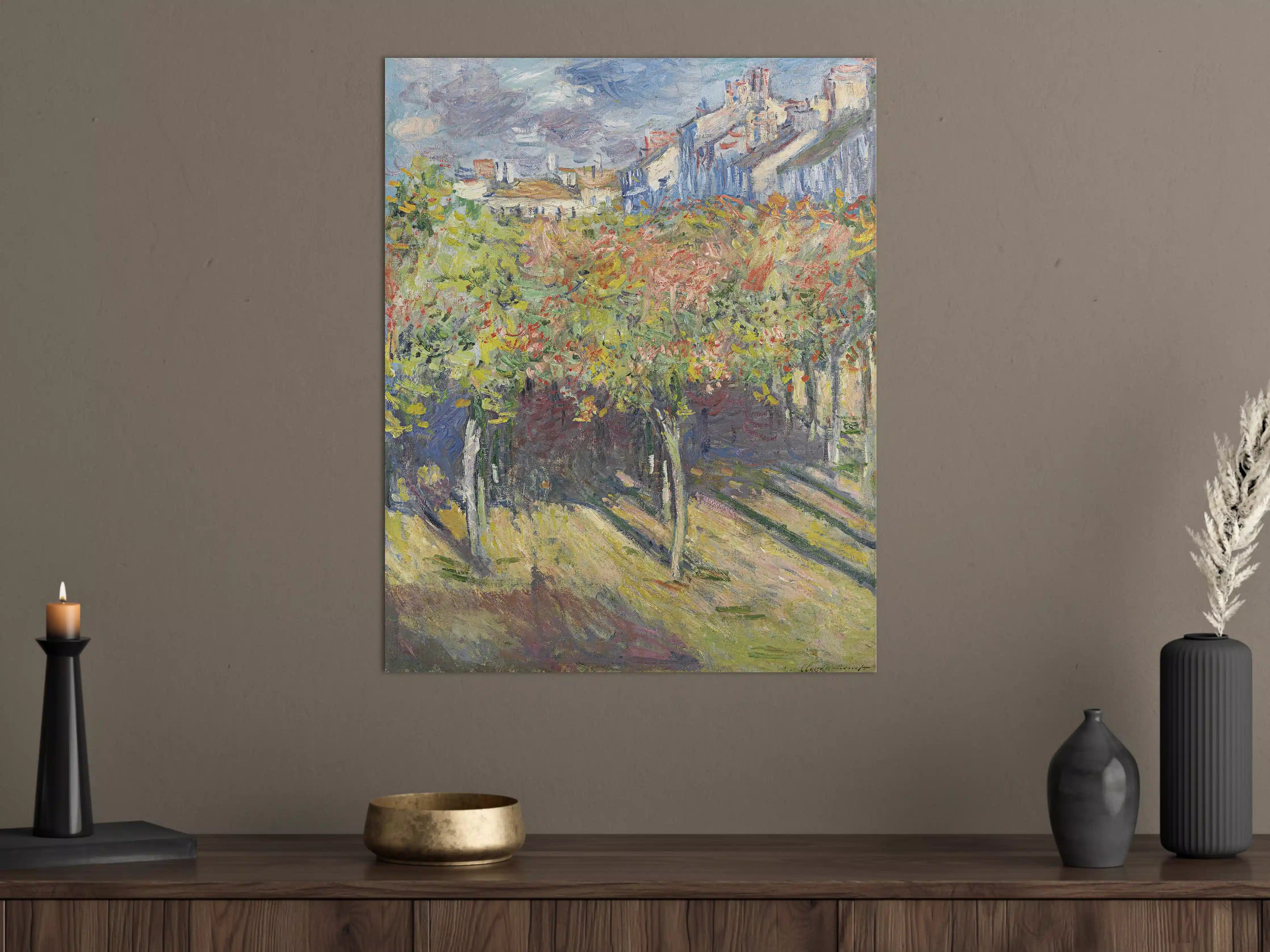 Große Wandbilder - Bunte Weinberglandschaft mit Schatten und Häusern