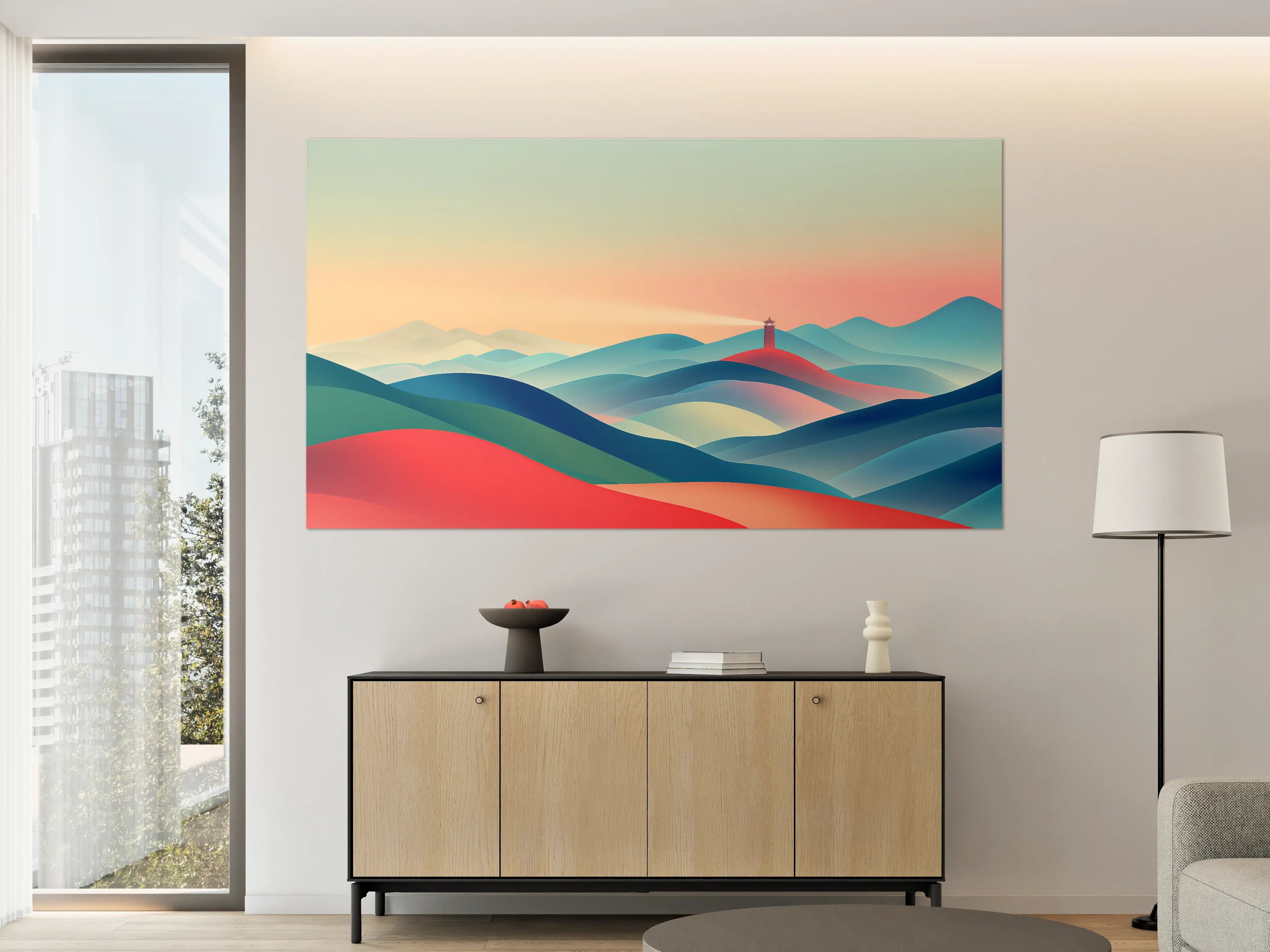 Große Wandbilder - Bunte abstrakte Landschaft mit Leuchtturm