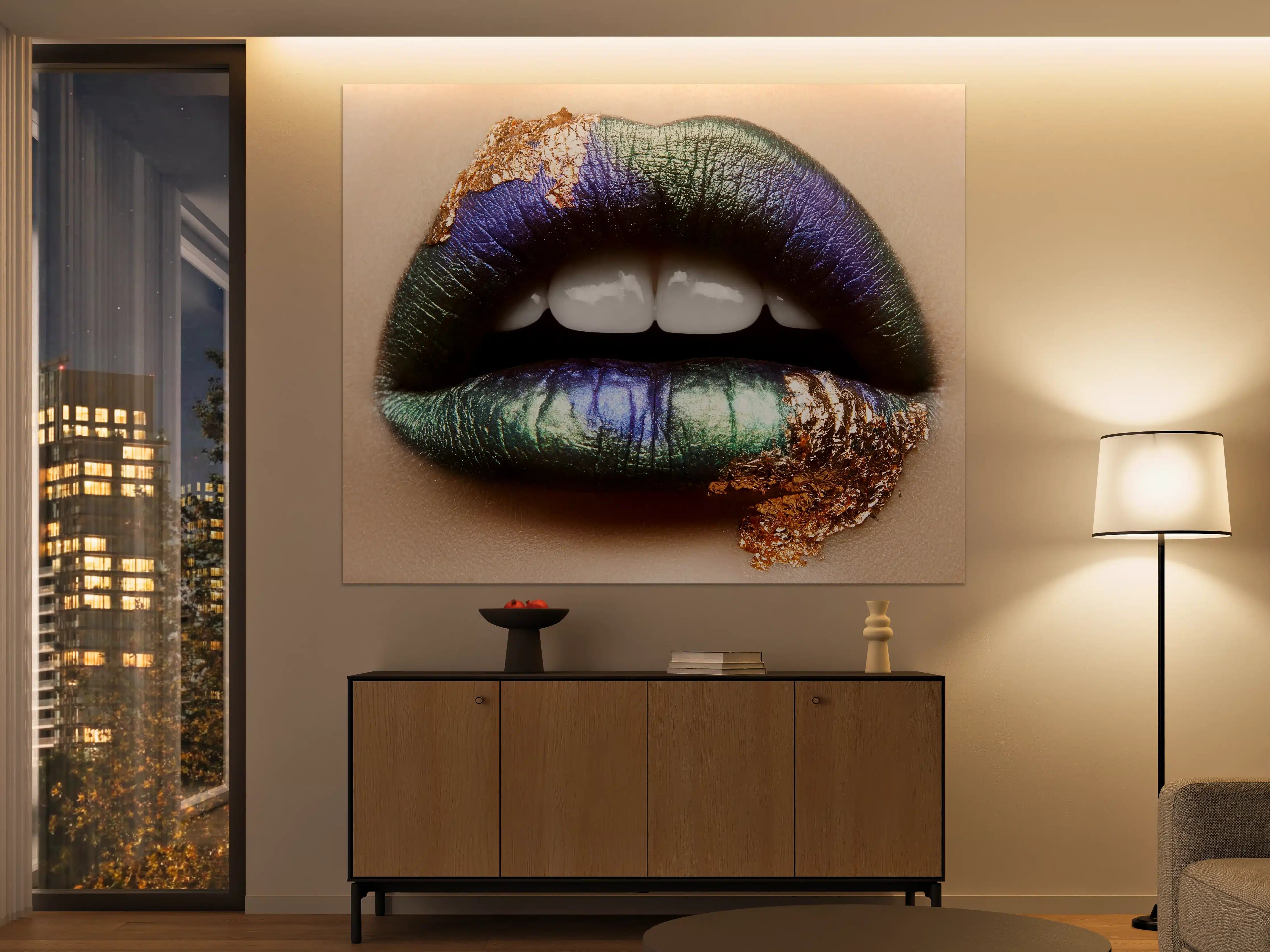 Große Wandbilder - Bunte und edle Lippenkunst mit Gold-Highlight