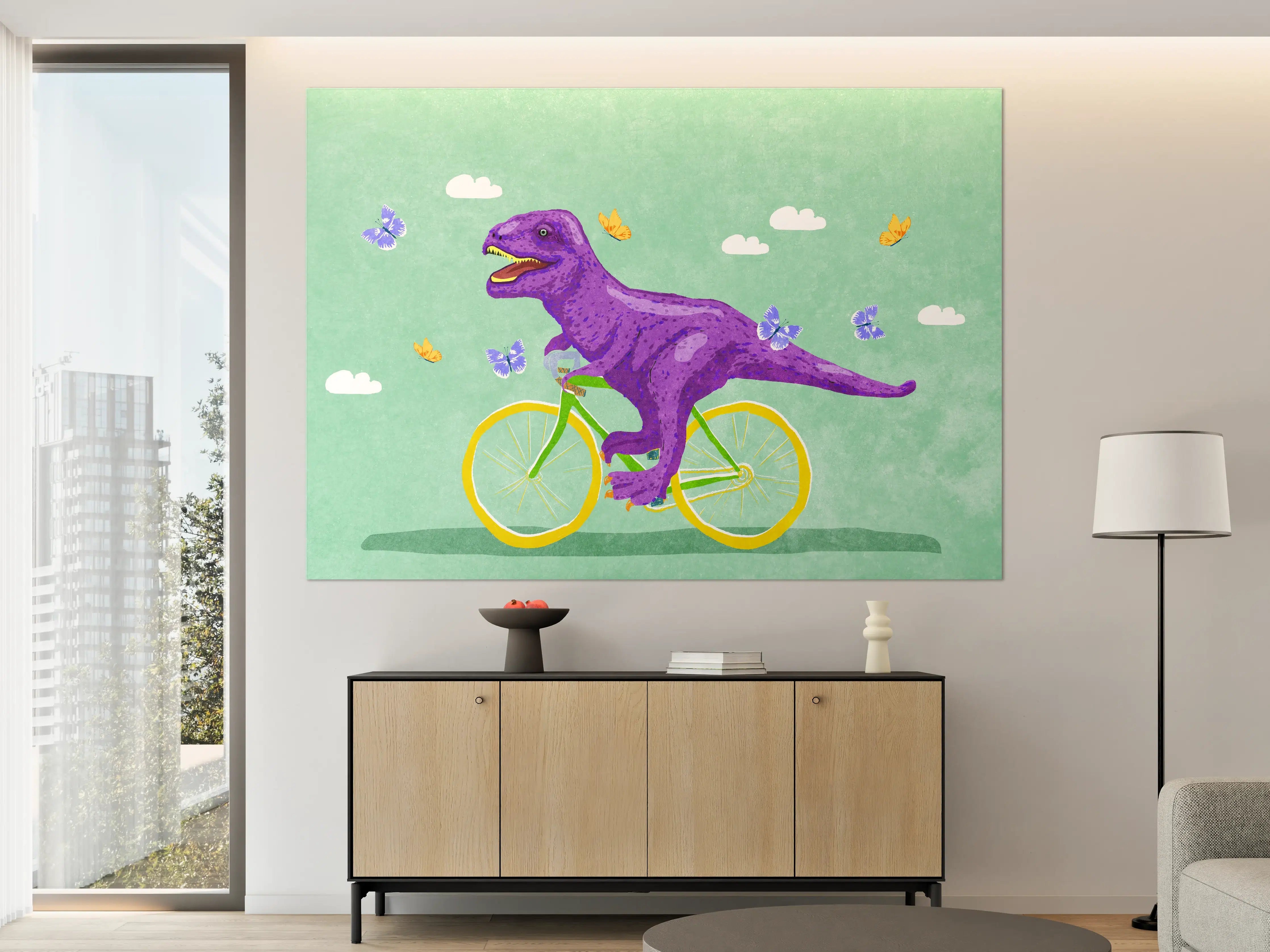 Große Wandbilder - Bunter Dino auf Fahrrad