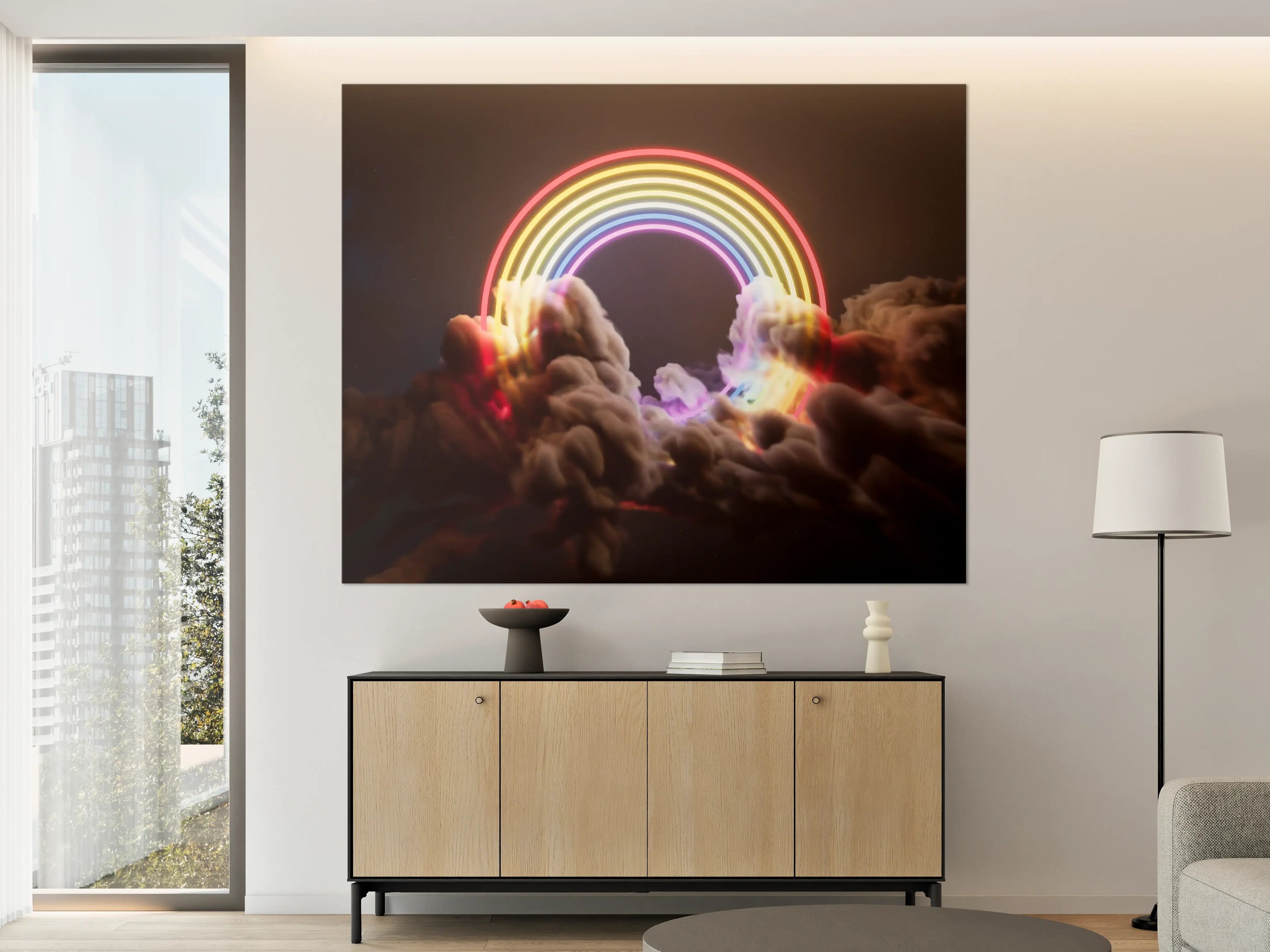 Große Wandbilder - Bunter Neon-Regenbogen auf Wolken