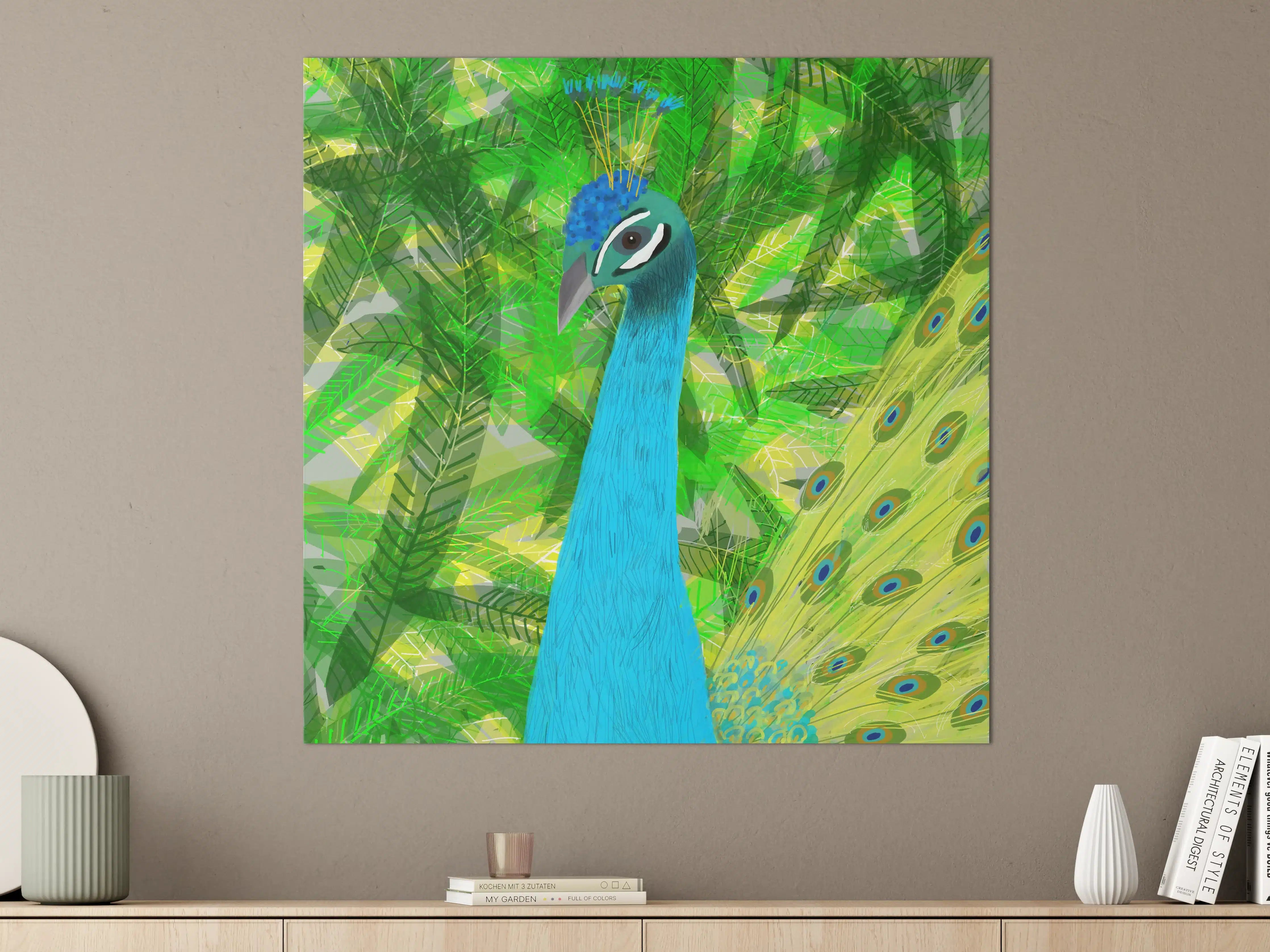 Große Wandbilder - Bunter Pfau in tropischer Landschaft