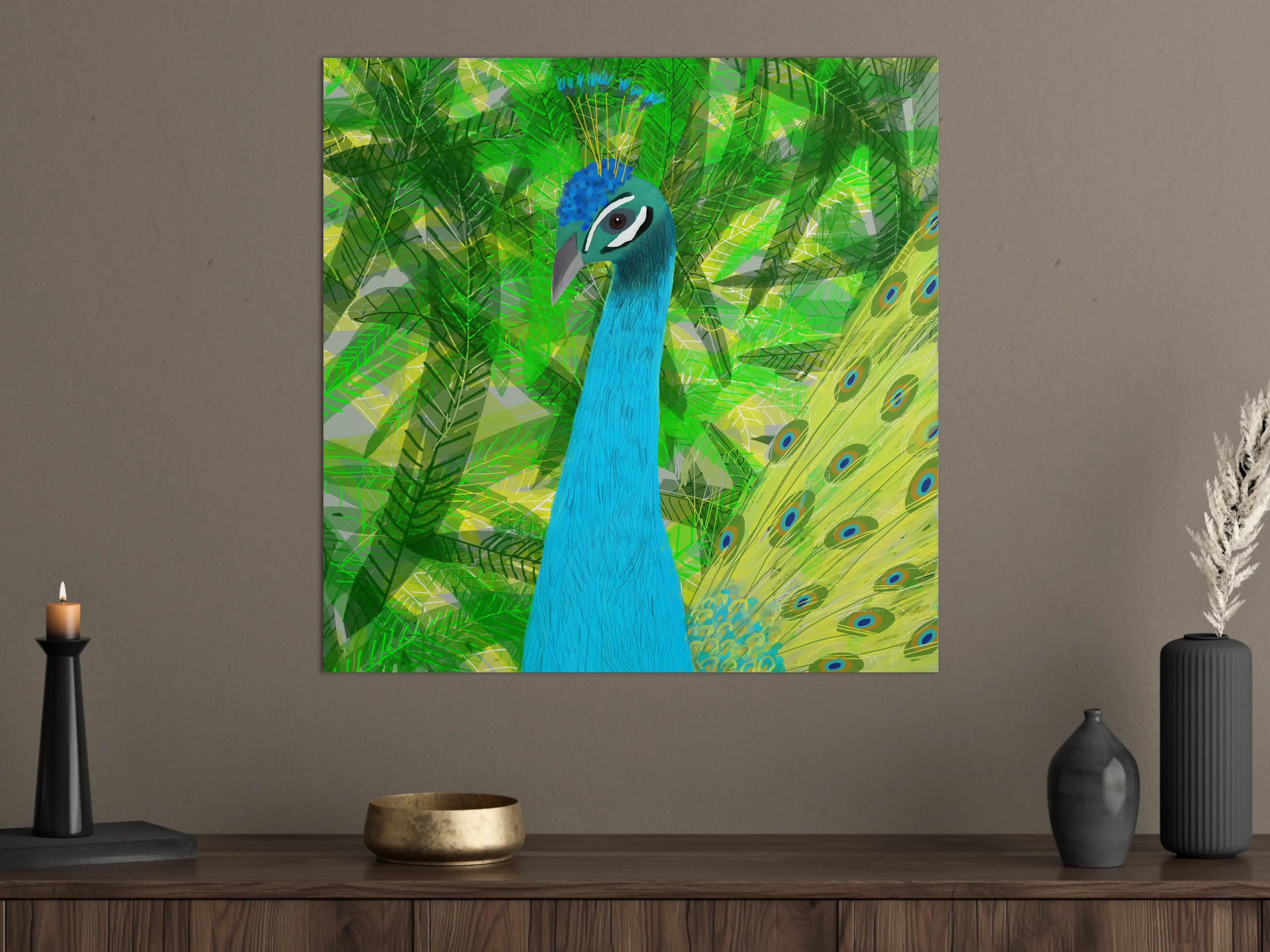 Große Wandbilder - Bunter Pfau in tropischer Landschaft
