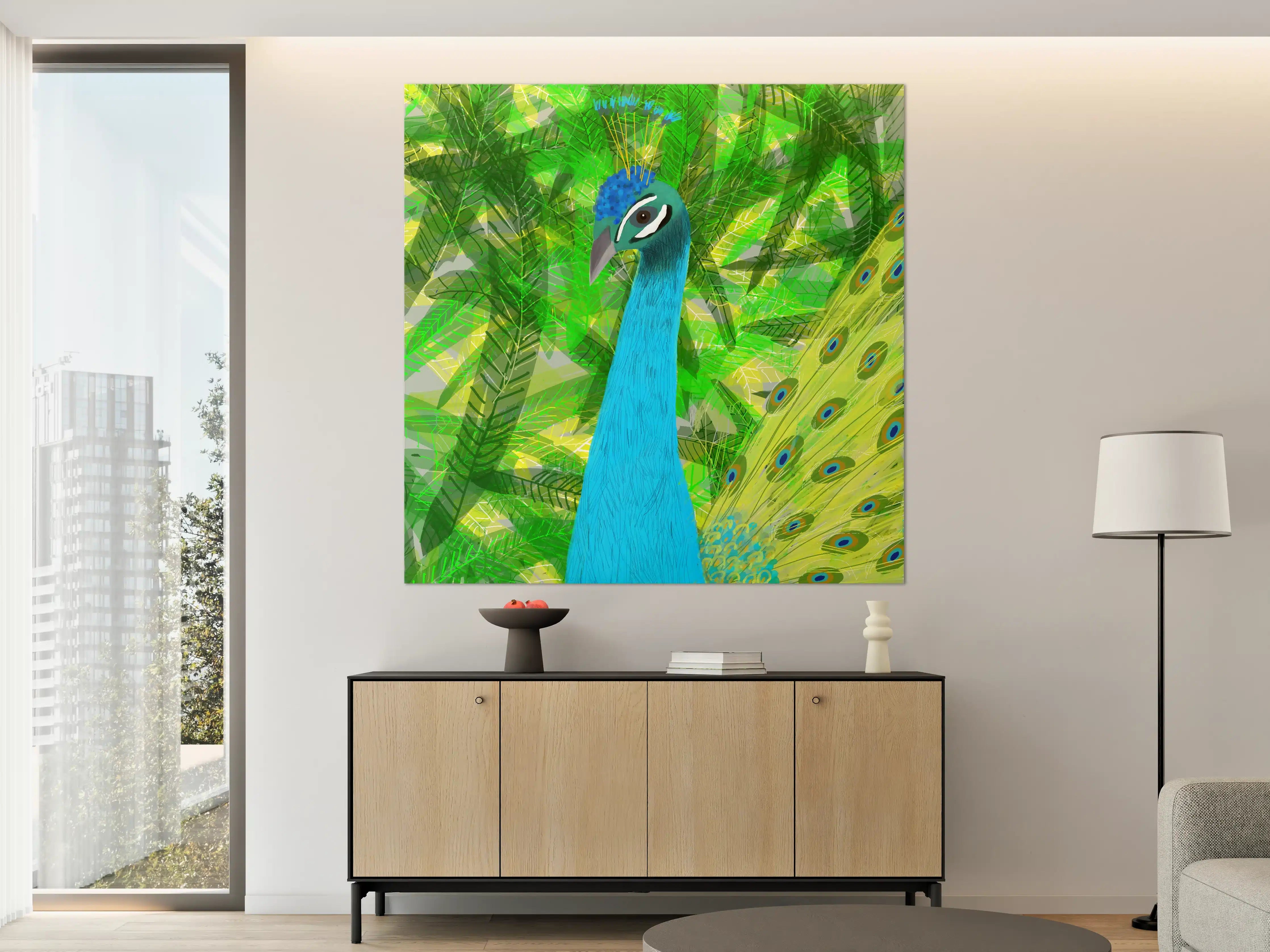 Große Wandbilder - Bunter Pfau in tropischer Landschaft