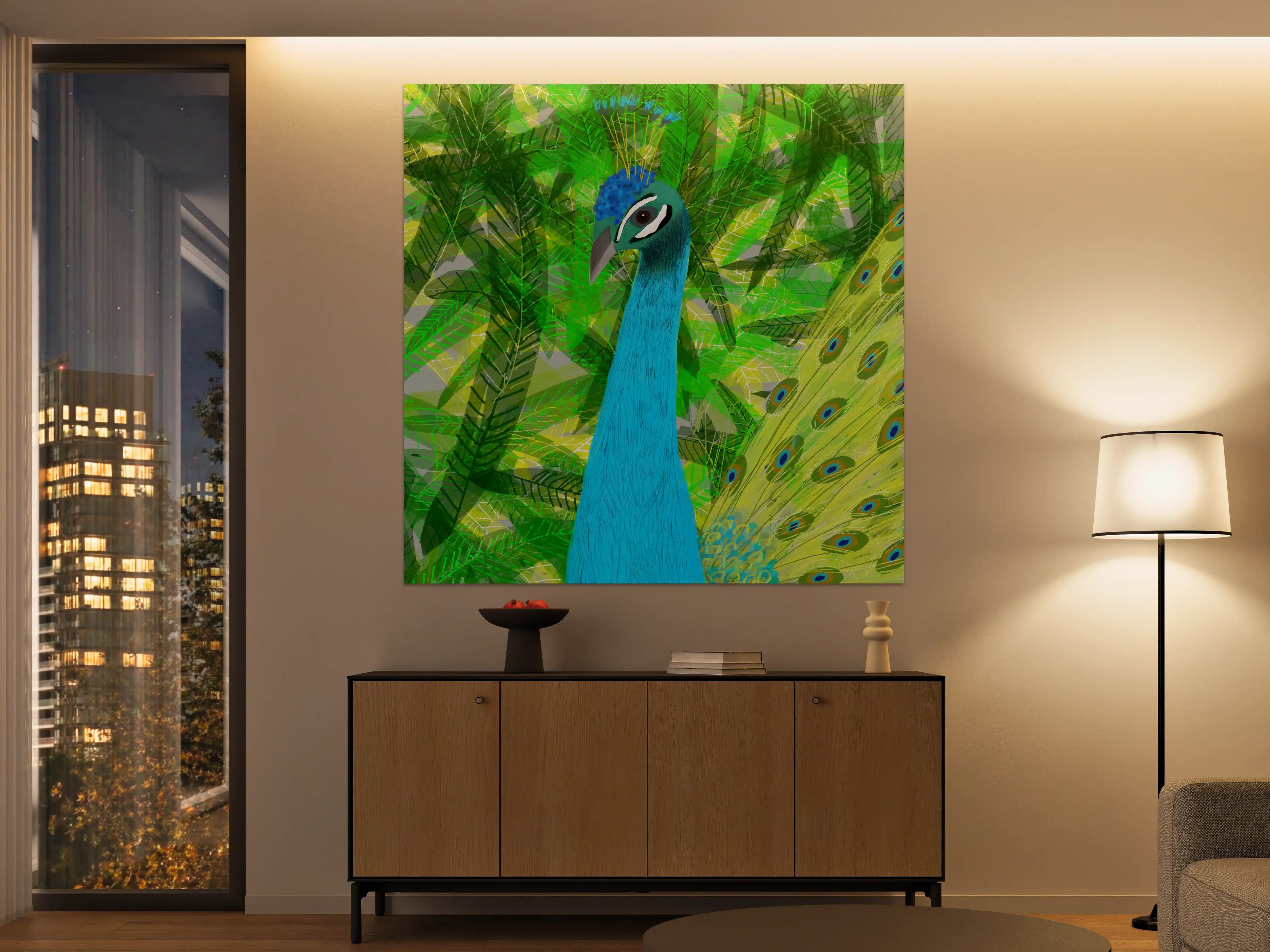 Große Wandbilder - Bunter Pfau in tropischer Landschaft