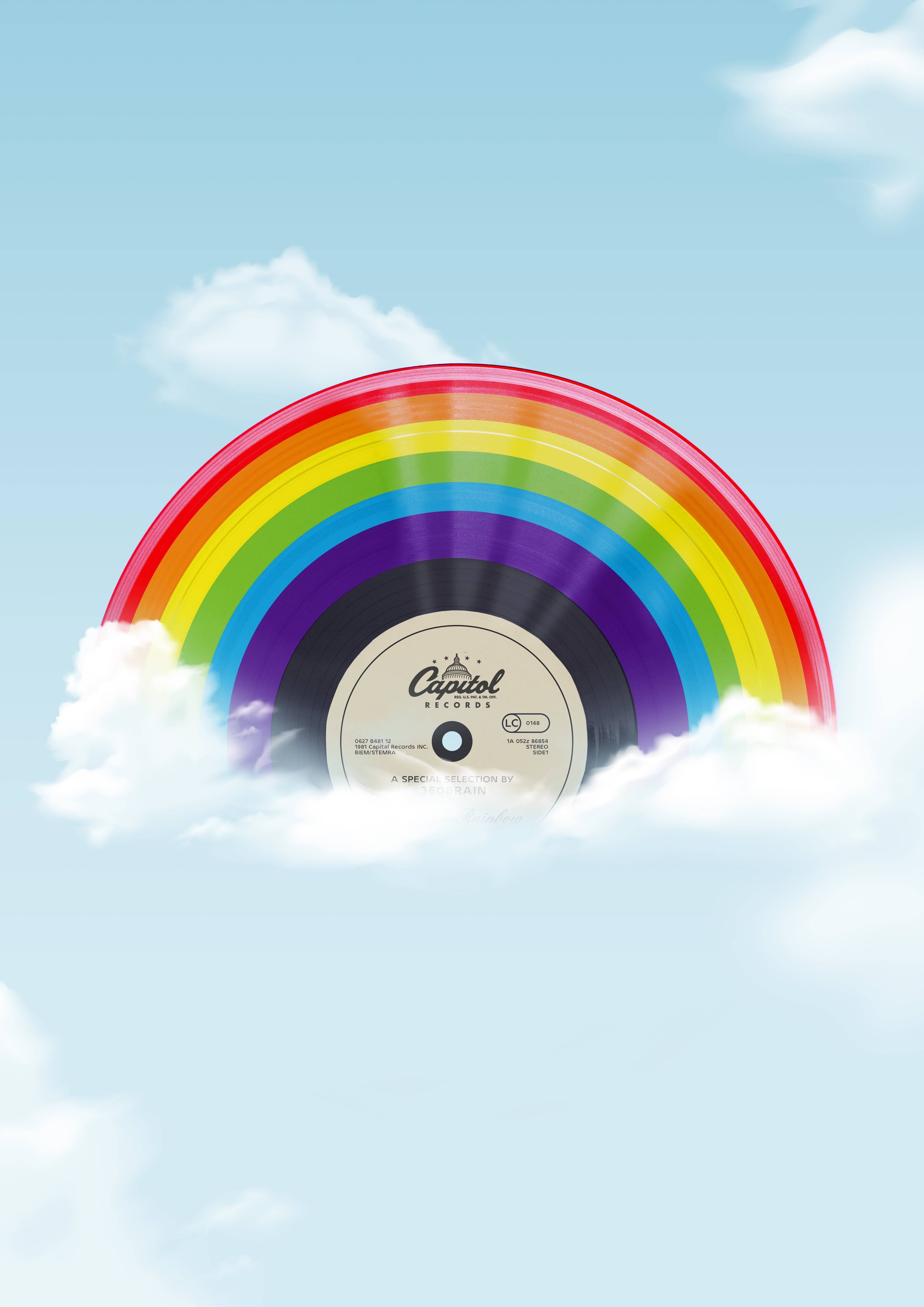 Große Wandbilder-Bunter Regenbogen-Schallplatte in Wolken